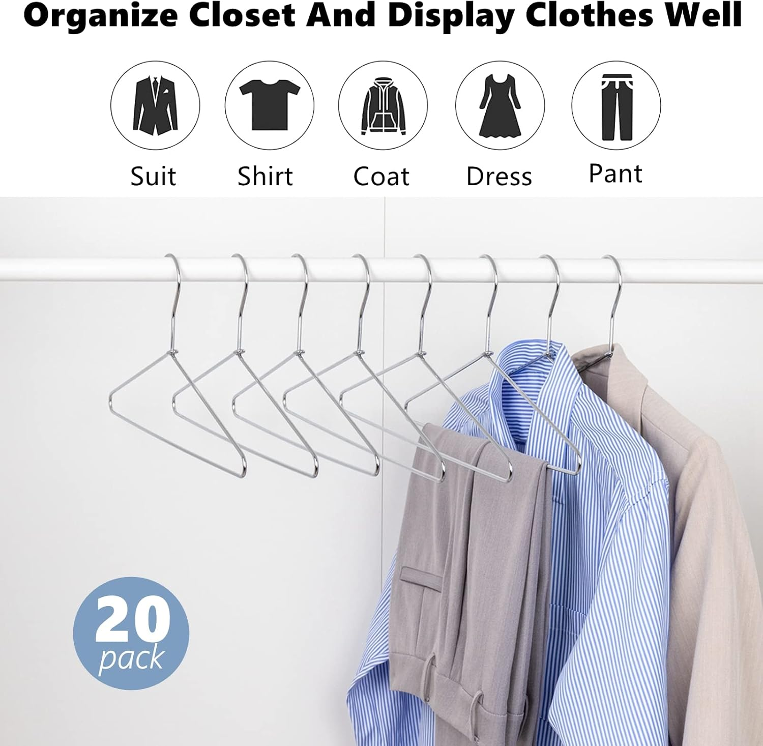 Amber Home Heavy Duty Metal Shirt Coat Hangers 20 Pack, Stainless Steel Clothes Hanger with Polished Chrome, 17 Inch Silver Metal Wire Hanger image number 6