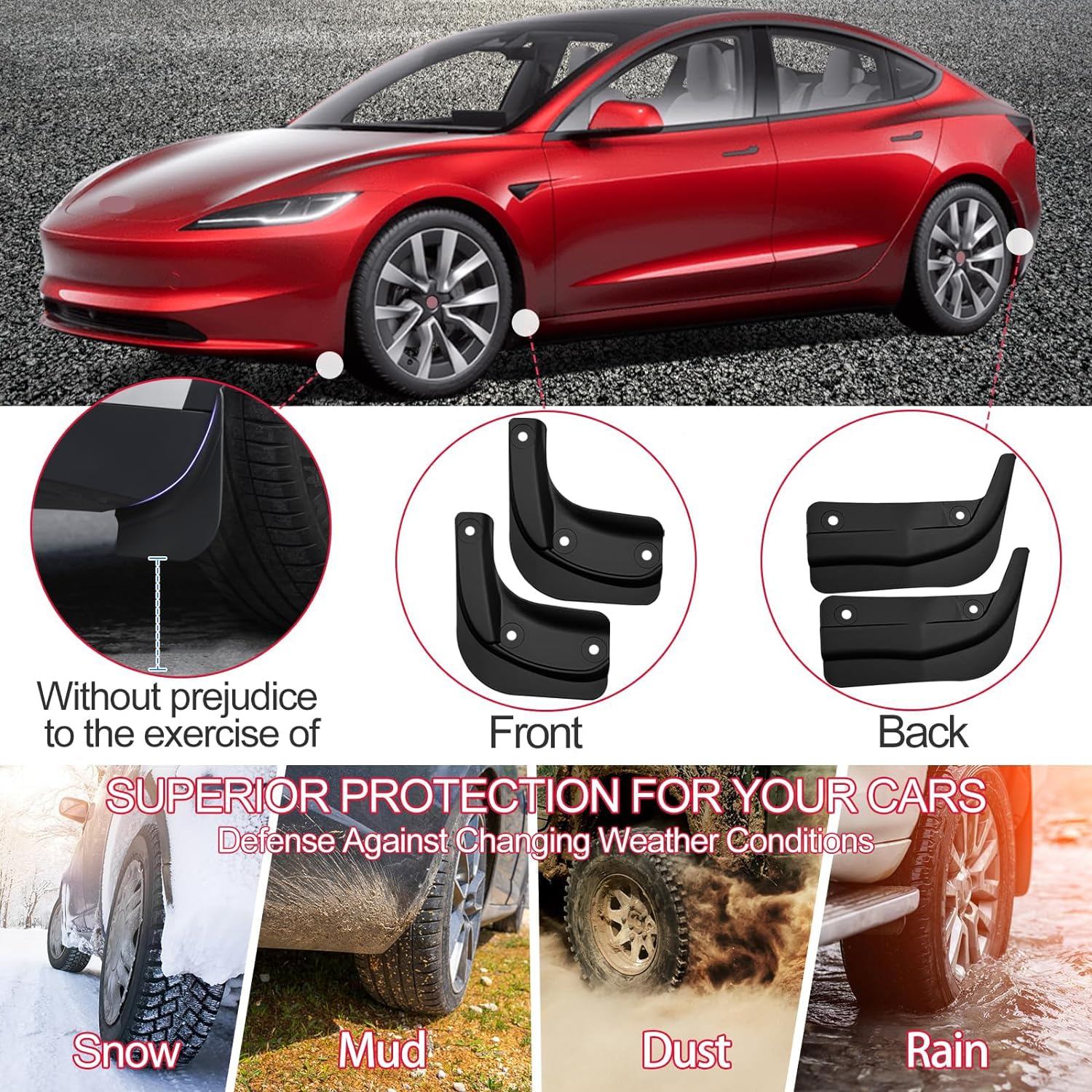 4Pcs Mud Flaps Set for Tesla Model 3 Highland 2024 2025, Splash Guards Mudguard Fender for Model 3 Highland, No Drilling Required Car Fender Kits, Mudflaps Exterior Accessories image number 1