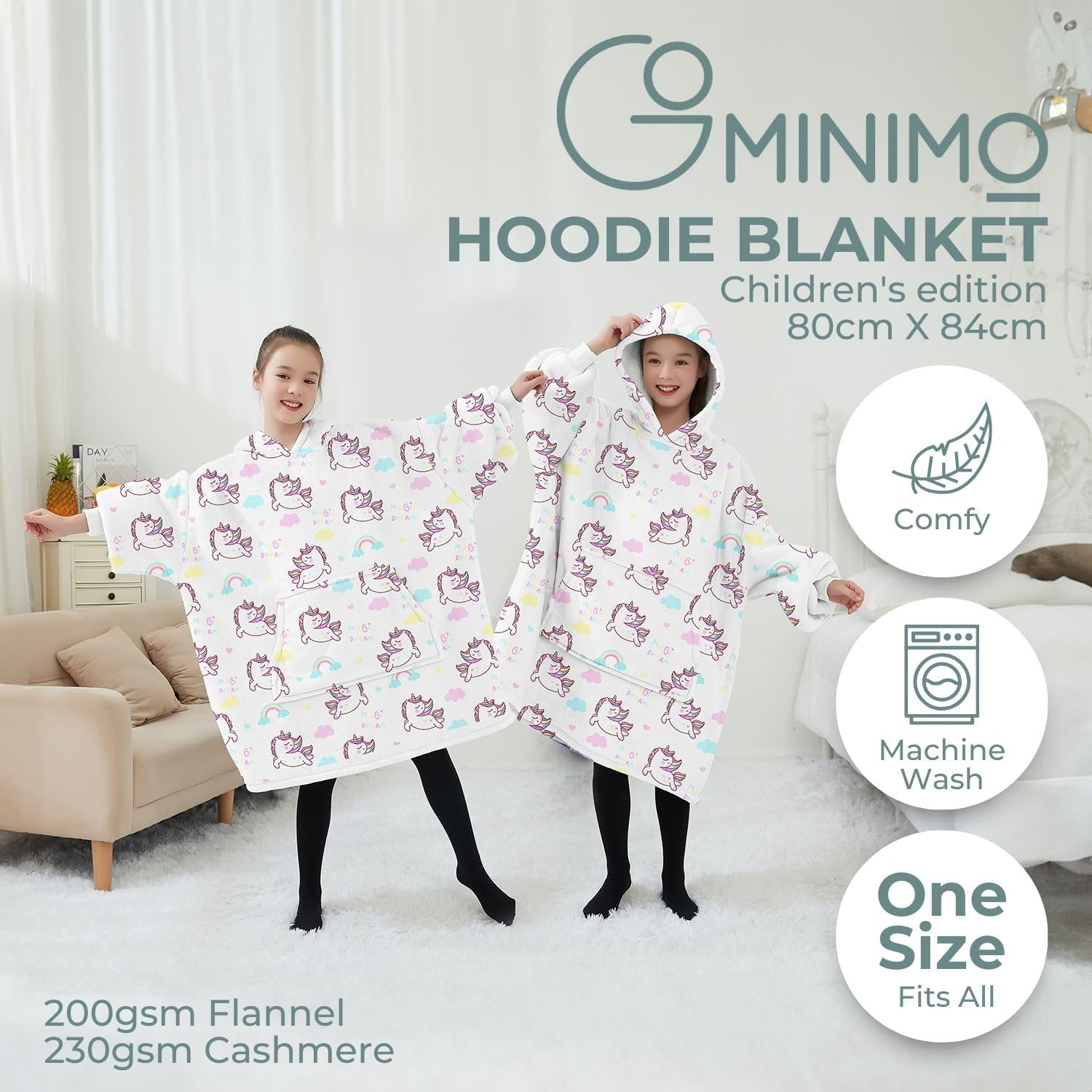 Gominimo Kids Hoodie Blanket, Warm, Cosy Double Layers, Large Pockets, One Size Fits All, Perfect for Indoor Lounging or Outdoor Adventures, Machine Washable, Unicorn White image number 1