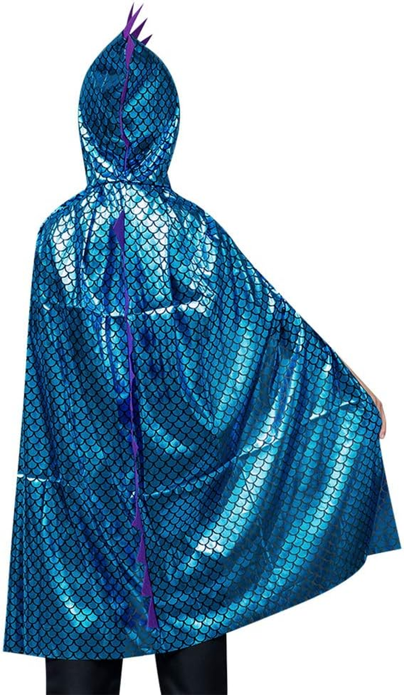 Kids Halloween Metallic Spike Cape Hooded Scale Cloak Dragon Dinosaur Medieval Accessory for Dress up Pretend Play Fantasy Robe,Birthday,Cosplay Theme Party Costume Gold/Blue/Silver image number 6