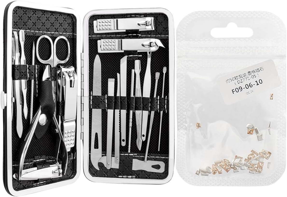 Wolfride 19Pcs Manicure Set Nail Clippers Pedicure Kit with Black Leather Case, Carbon Steel Professional Grooming Kit Nail Care Tools + Nail Rhinestones 1 Pack image number 6