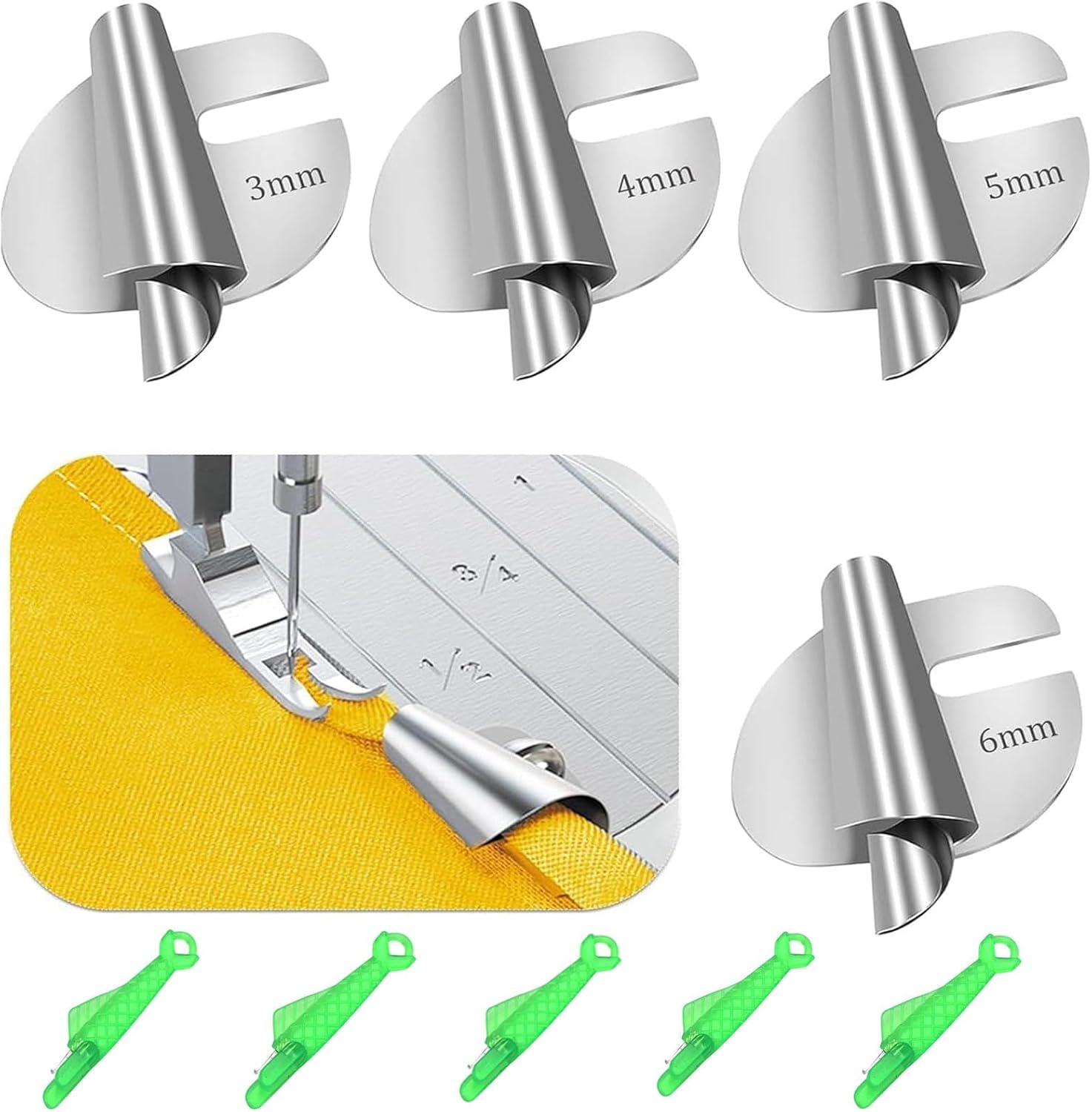 XUANZHI 4Pcs Universal Sewing Rolled Hemmer Foot, Wide Rolled Hem Pressure Foot,Size 3/4/5/6Mm,Home Industrial Curved Scroll Hemmer Foot
