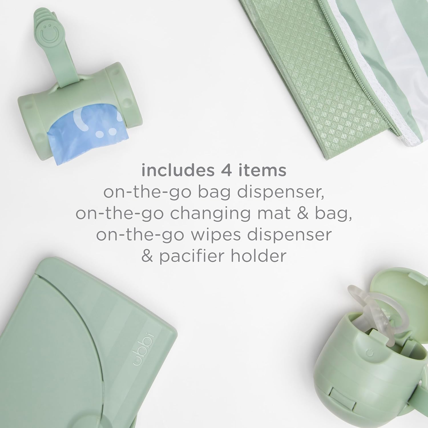 Ubbi On-The-Go Diapering Gift Set, Includes Changing Mat and Bag, Wipes Dispenser, Pacifier Holder and Bag Dispenser, Newborn Essentials, Sage image number 2