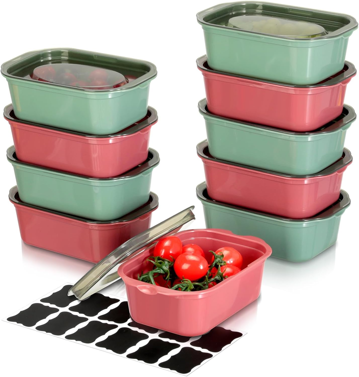 Romon Food Storage Containers with Lid, Pack of 10, 500 Ml, Lunch Box, Airtight Storage Boxes for Meal Prep, Storage Containers, Freezer Containers (Green Red)