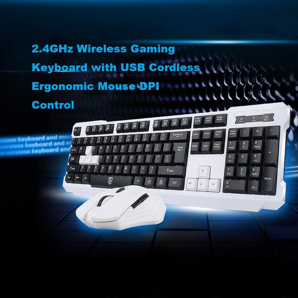 Keyboard Mouse Combos,Soke-Six Waterproof Multimedia 2.4Ghz Wireless Gaming Keyboard with USB Cordless Ergonomic Mouse DPI Control for Desktop PC Laptop(White) - Black image number 6
