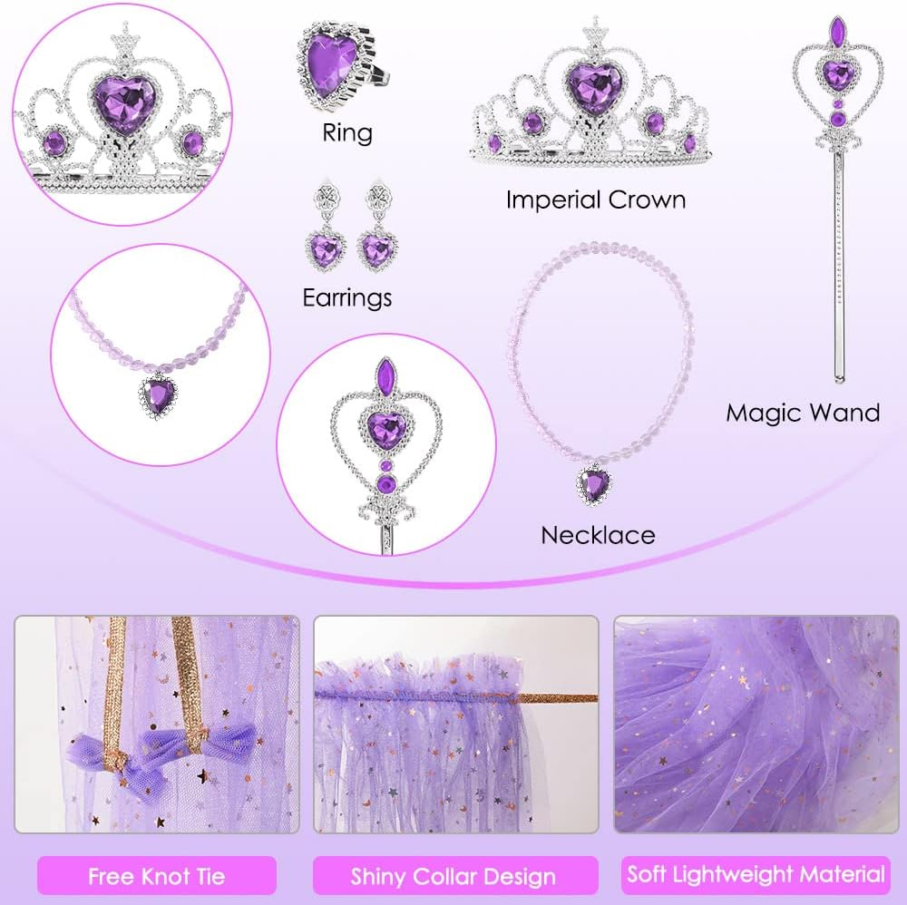 AUTOWT Girl Princess Costume - Shiny Cloak with Necklace, Jewelry, Headwear, Crown, Wand, Earrings, Bracelets, Rings - for Halloween, Christmas, Birthday - Pink image number 6