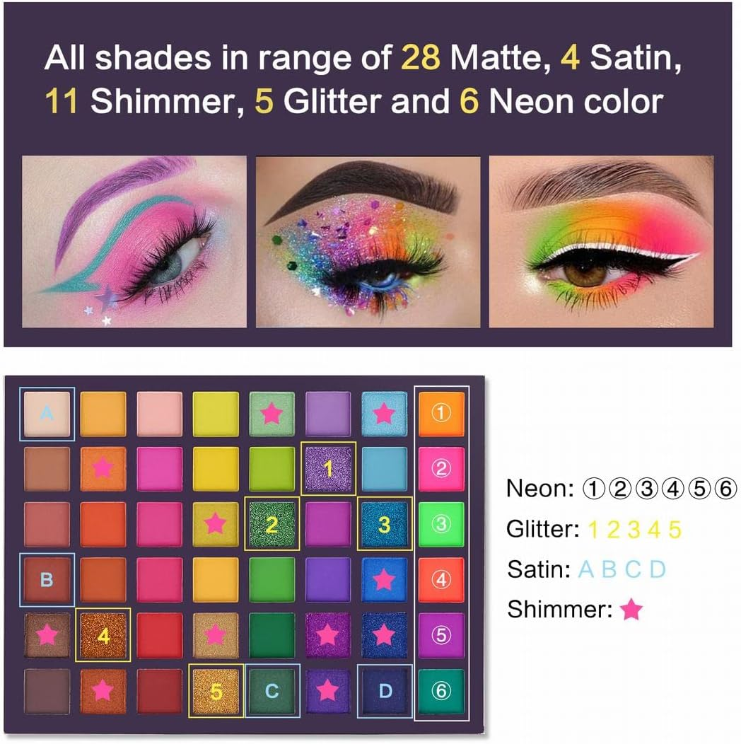 UCANBE EXOTIC FLAVORS Neon Eyeshadow Makeup Palette - 48 Colorful High Pigmented - Rainbow Matte Shimmer Glitter Eye Shadow Make up Pallet Gift Set image number 5