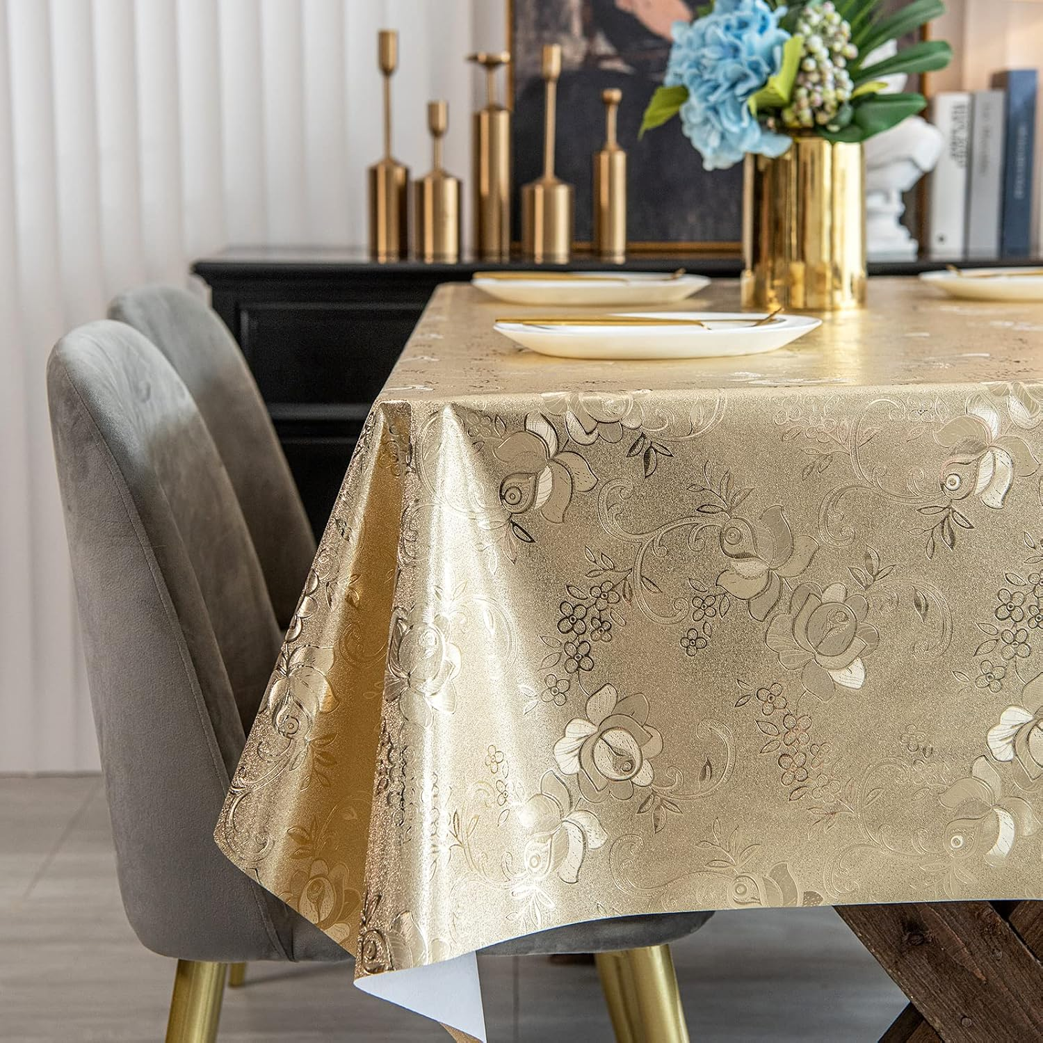 Jacquard Tablecloth, FHDUSRYO PVC Floral Pattern round Table Cloth, Waterproof Wipeable Magnolia Table Cover, Oil-Proof Table Protector for Kitchen, Dinning Room, Party (Gold, 140X140 Cm) image number 2