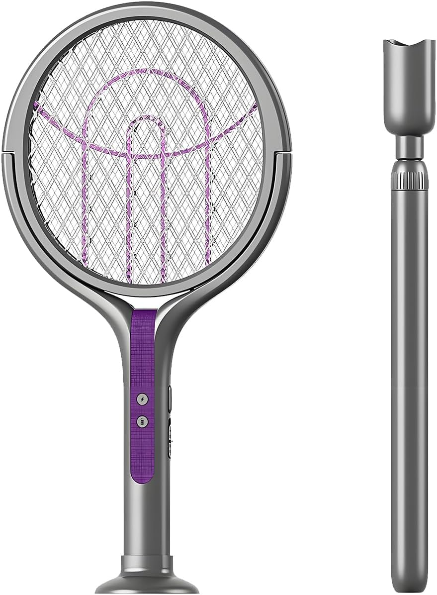 QUMOX Rotating Head Electric Fly Swatter Racket Rechargeable Bug Zapper Racket Bug Zapper Indoor Fly Zapper Mosquito Zapper Flies Killer for Indoors, with a Telescopic Extension Black image number 1