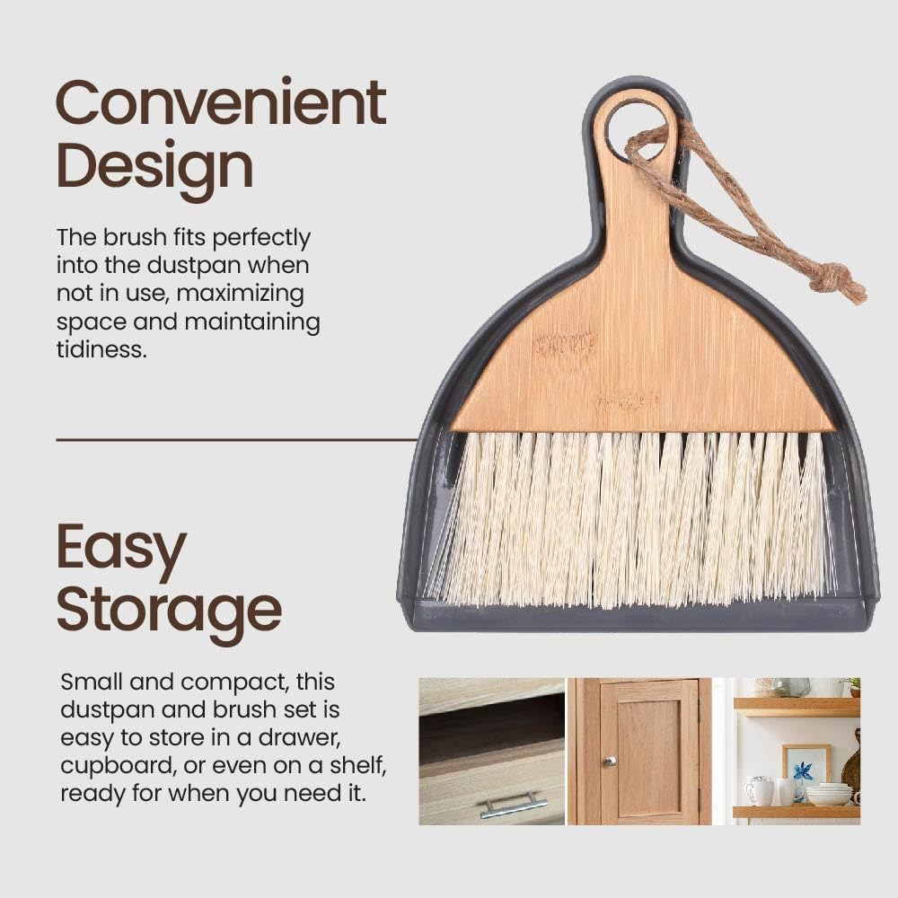 Eco Basics Mini Dustpan & Brush &ndash; FSC Bamboo Handle, Ocean-Bound Hard Plastic & Post-Consumer Recycled Bristles, Compact Set for Tabletops, Countertops, Desk, Pets Hairs, Keyboard Clean-Ups, 16.5X20Cm image number 5