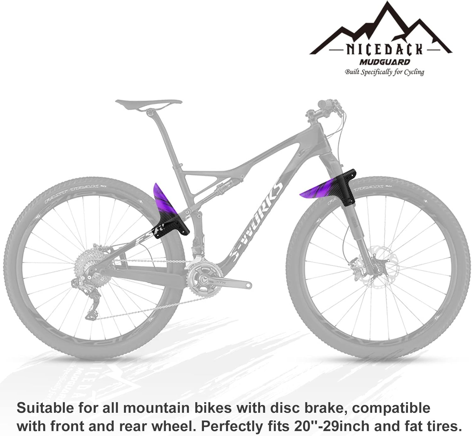 NICEDACK Bike Fender, Adjustable MTB Mud Guard, Front and Rear Compatible Mudguards, Easy to Install, Fits 26", 27.5", 29" Fat Tire Bikes and All Disc Brake Bicycles - Purple image number 4