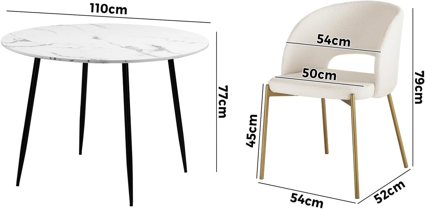 Oikiture 110Cm round Dining Table and Chairs White Dining Set with Marble Table and Sherpa Dining Chairs Set of 4 - Gs-Gold image number 2