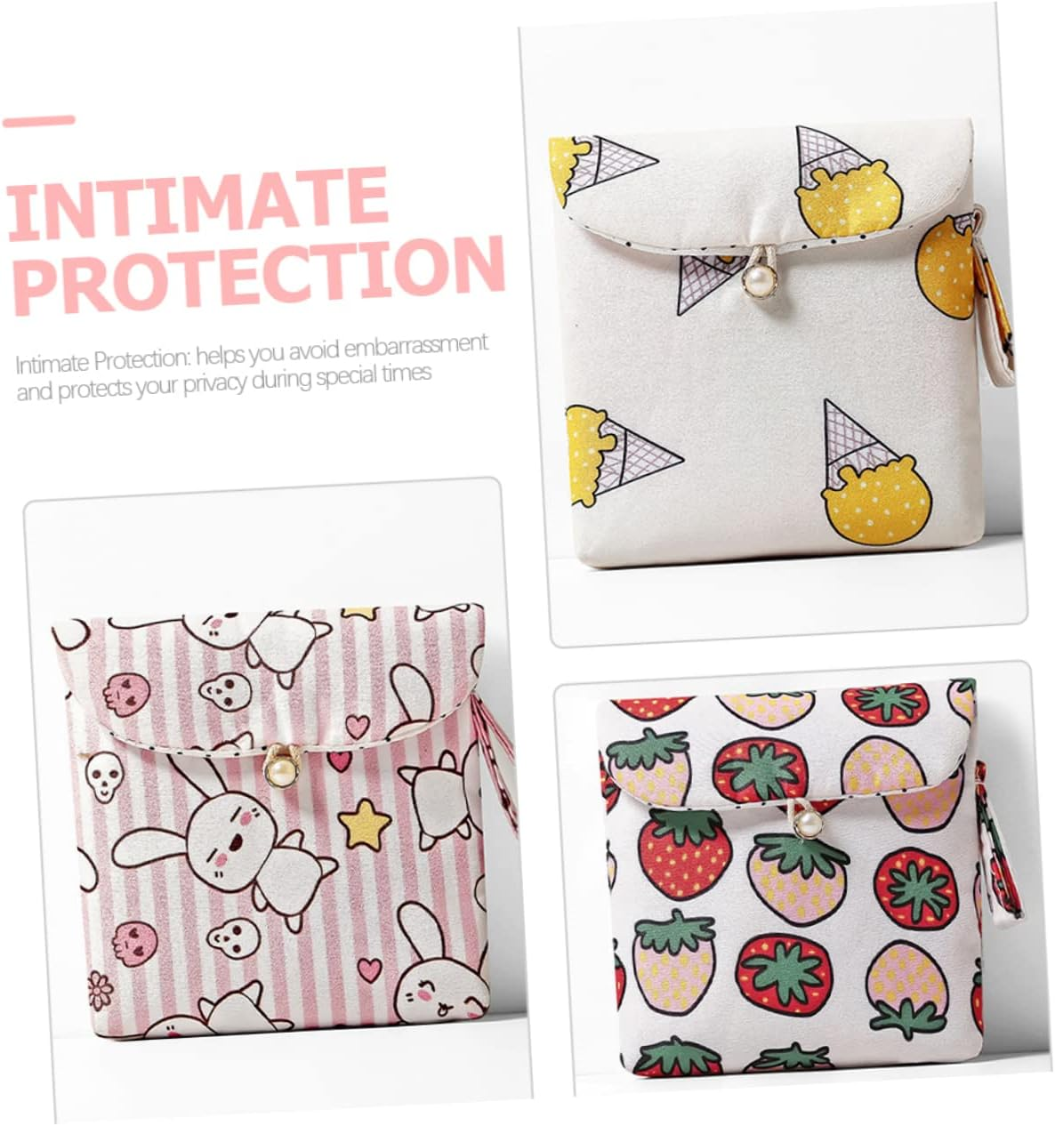 CIYODO 4Pcs Cotton Menstrual Pad Pouch with Button Closure Sanitary Napkin Organizer Bags for School and Travel Decorative Period Bags for Teens and Women