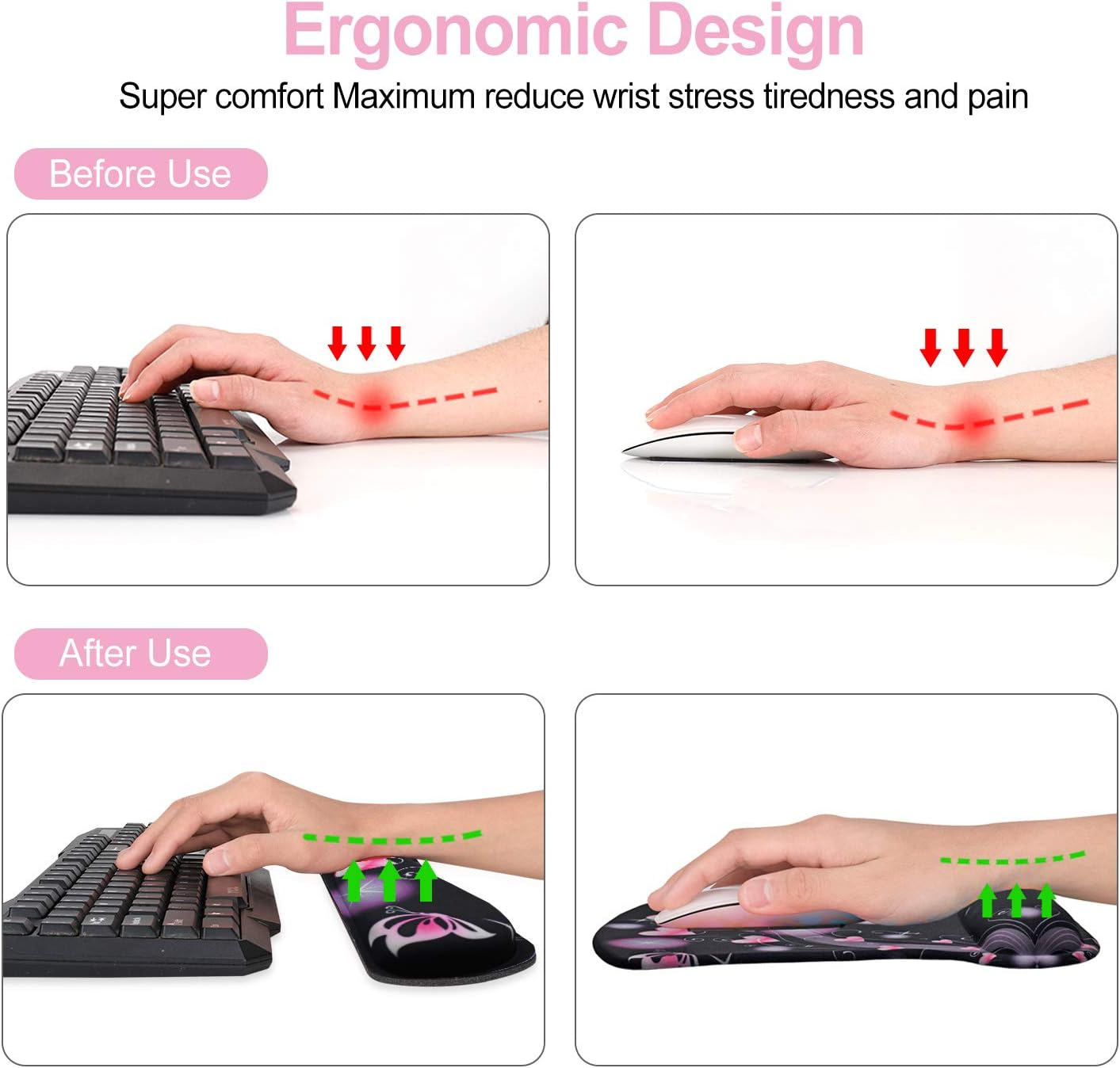 Keyboard Wrist Rest Pad Ergonomic Mouse Pad Set, Tolulu Cute Mouse Pad for Computer Laptop, Non Slip Mousepad Keyboard Wrist Support with Raised Memory Foam for Easy Typing & Pain Relief, Pink Hearts image number 4