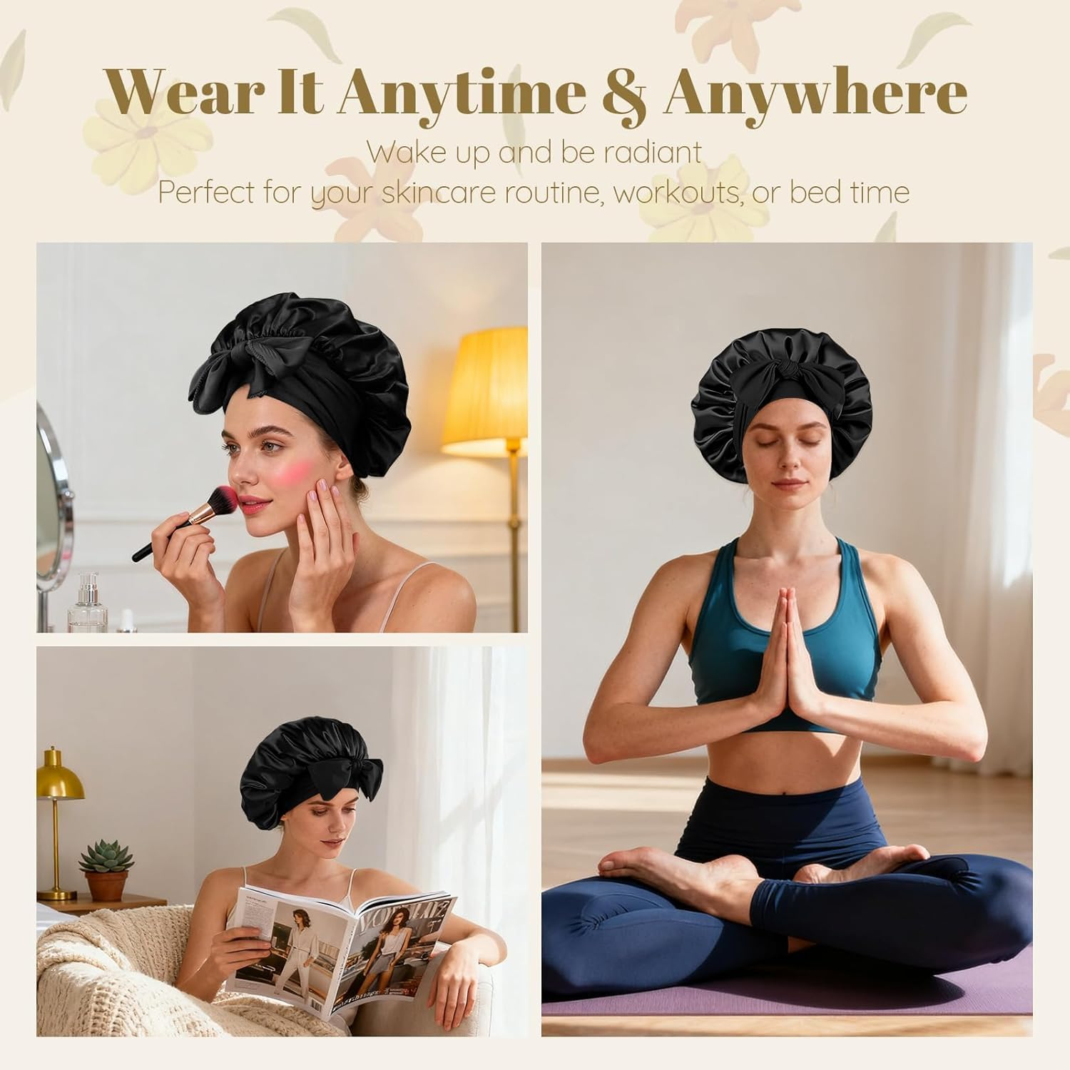 FOLAI Satin Hair Cap for Women and Men, Curling Hair Cap, Bandwidth Elastic Band, Breathable Adjustable Sleep Cap, Satin Bonet for Sleeping, Pack of 1 (Black) image number 1