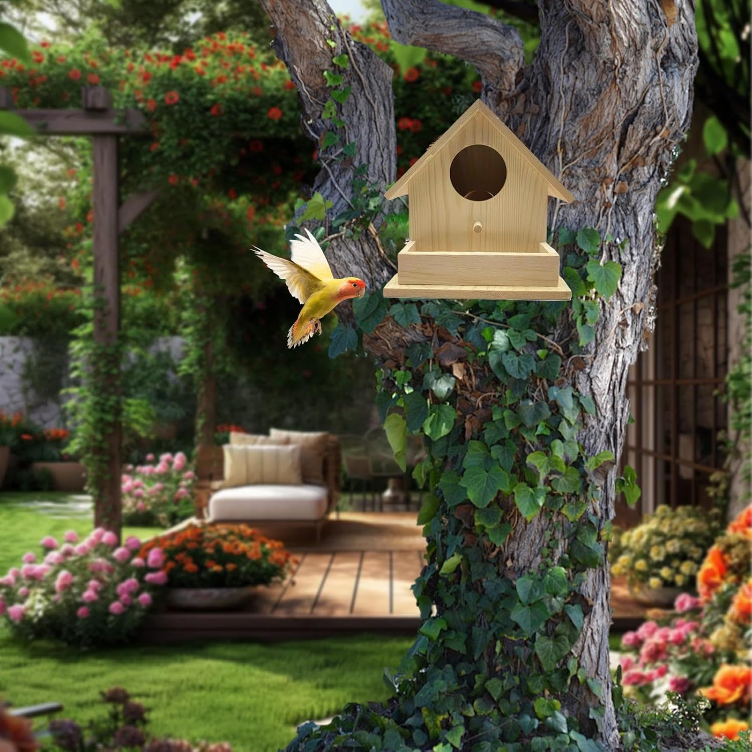 Bird Nesting Box, Wooden Bird Feeder House, Compact Animal Shelter, Sturdy Wood Design, Compact Size (350G), Outdoor Decoration for Courtyard, Porch, Balcony image number 3