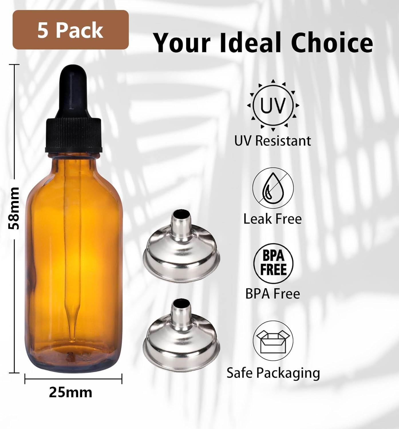 Dolemay Glass Dropper Bottles,5 Pack Boston round Amber Glass Bottles with 2 Stainless Steel Funnels,Leak Proof Travel Bottles for Essential Oils,Perfume,Refillable Glass Bottles for Storage-10Ml image number 4