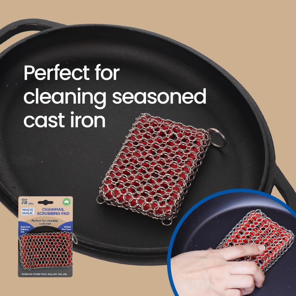 White Magic Chainmail Scrubbing Pad &ndash; Premium Stainless Steel 304, Heavy-Duty Cleaning for Stubborn Residue, Built-In Hang Loop, Dishwasher Safe, Perfect Scrubbing Power for Cast Iron Cookware image number 3