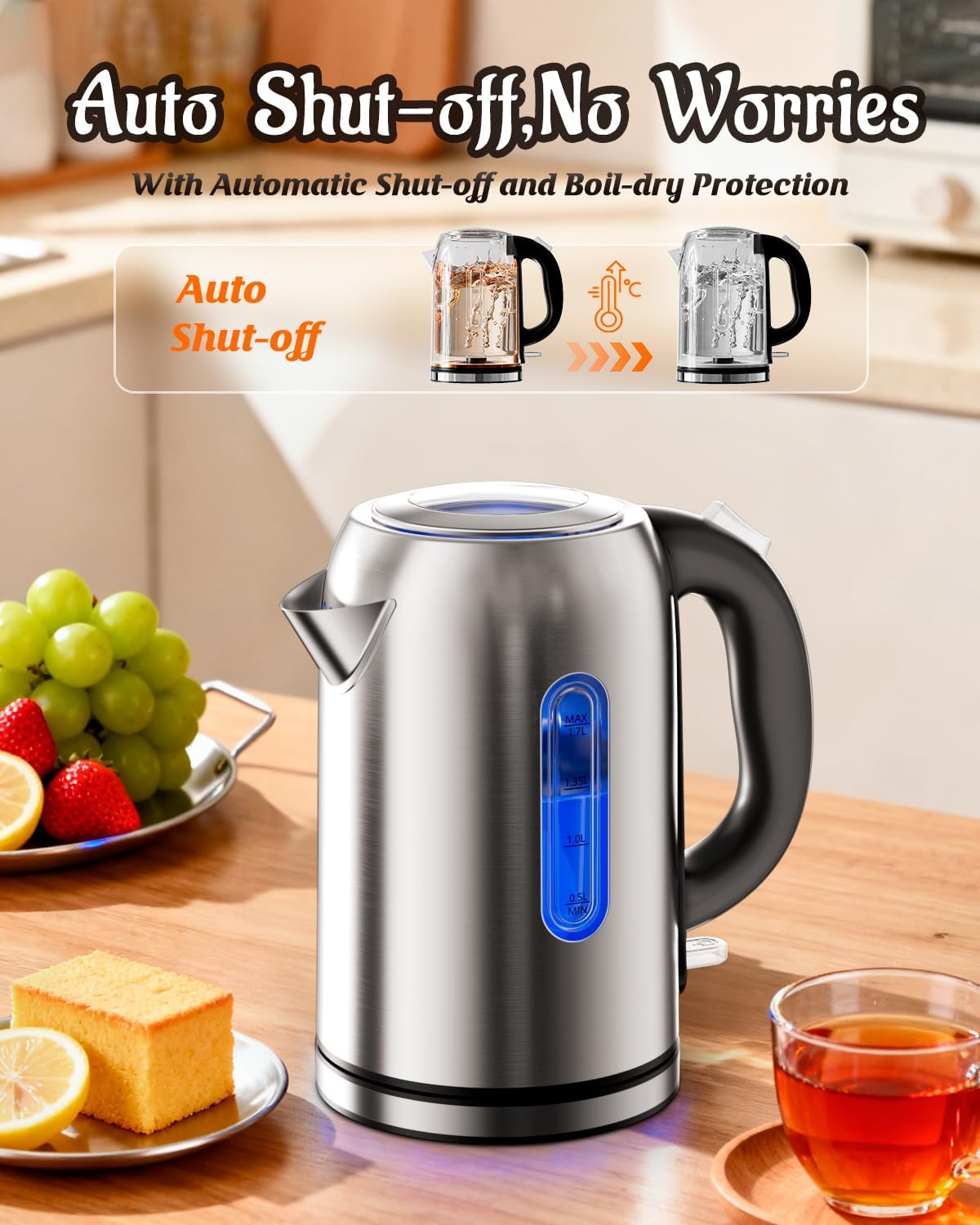 Billord Electric Kettle - 2200W Stainless Steel Kettle with No Plastic Filter & Spout, 1.7L Fast Boiling Water Kettles for Coffee & Tea with Detachable Base, Auto Shut-Off, Boil-Dry Protection image number 3