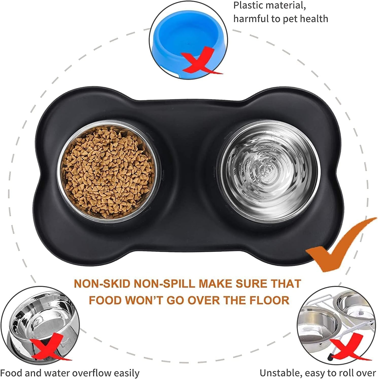 Mumoo Bear Dog Cat Bowls for Food and Water, Upgrade Cat Food Bowls for Indoor Cats, Premium Removable Stainless Steel Double Bowls with Silicone Anti-Slip Pads, Water Bowl for Cats and Dog -Black - Grey image number 2