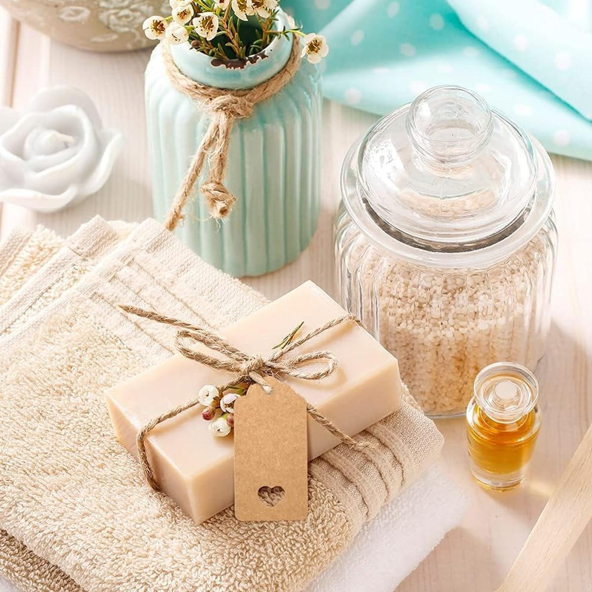 Set of 200 DIY Blank Kraft Paper Hang Tags with Heart Cutout - Ideal for Luggage, Wedding, Party Favor, Gift Cards - Size 3.5 X 1.6 Inches