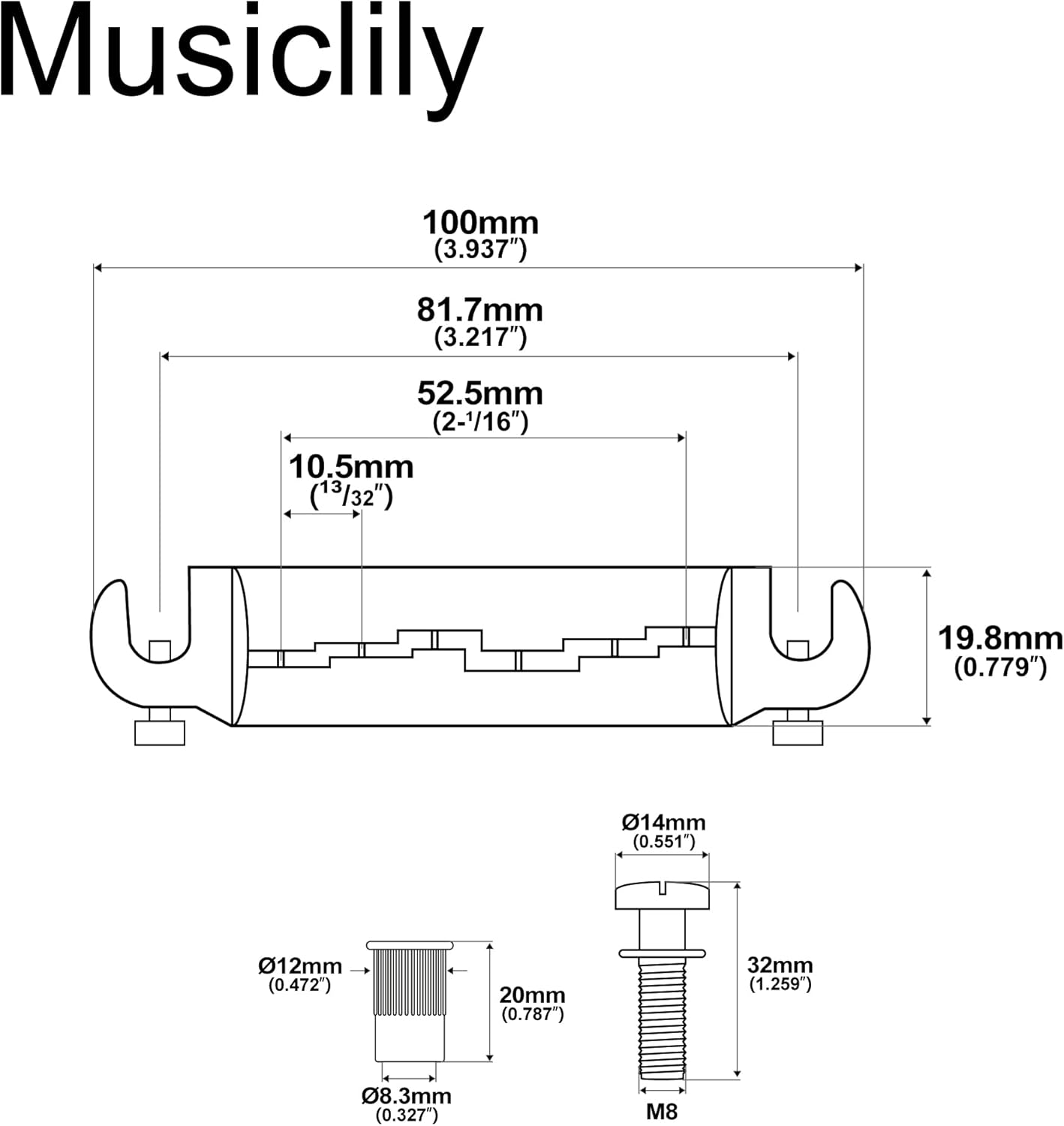 Musiclily Pro 52.5Mm Pre-Set Intonatable Wraparound Bridge Tailpiece for Epiphone Les Paul Junior LP Style Guitar, Black - Chrome image number 5