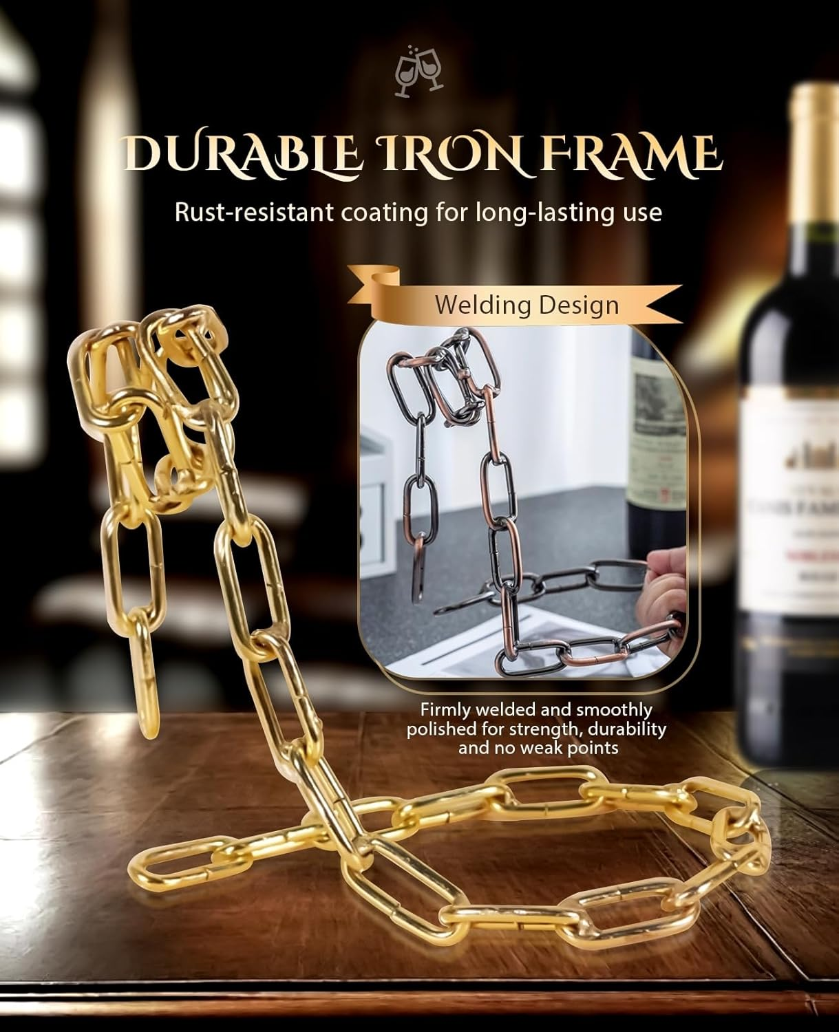 BRARIOS Creative Decor Desktop Wine Rack Chain Design No Assembly Required 20Cm Wine Bottle Rack for Home Bar Study Dining Room Decoration (Bronze) image number 1