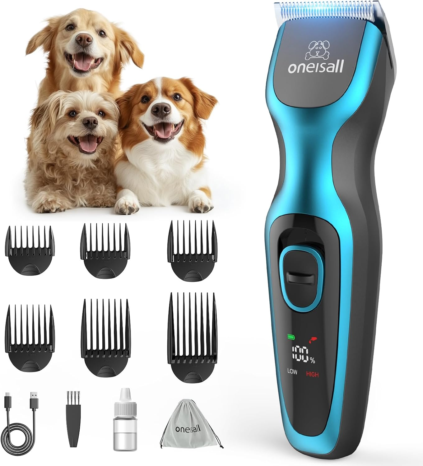 Oneisall Dog Clippers for Grooming 2-Speed Super Power Dog Grooming Clippers 50Db Quiet Rechargeable Cordless Pet Trimmer with Detachable Stainless Steel Blade for Small & Large Dogs with Thick Coats image number 5