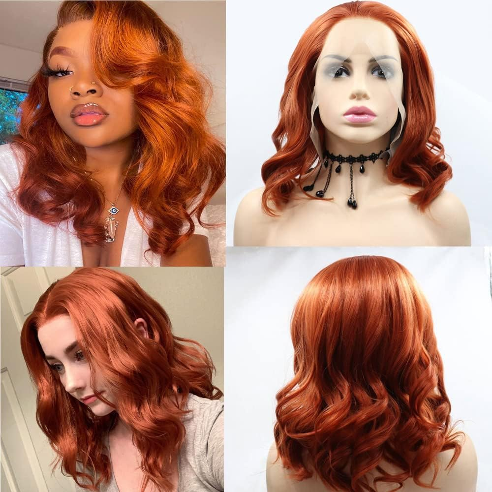 Xiweiya 16" Natural Brown Wavy Wig Synthetic Lace Front Wigs Middle Part Brunette Hair Short Soft Curly Wig Hair Replacement Wig for Women, Drag Queen Makeup - 1B Black image number 4