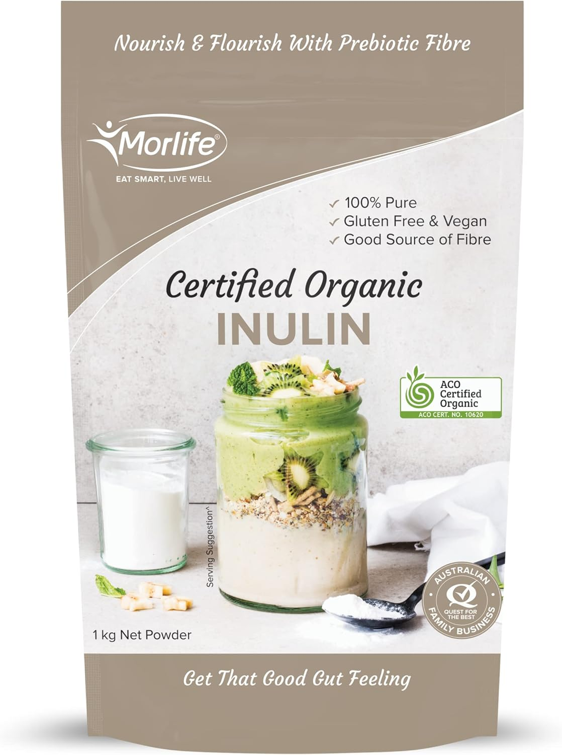 Morlife Inulin Powder 1KG, Certified Organic, Good Source of Fibre, Prebiotic Fibre, Gluten Free, Free from Colours, Flavours, Preservatives and Sweeteners