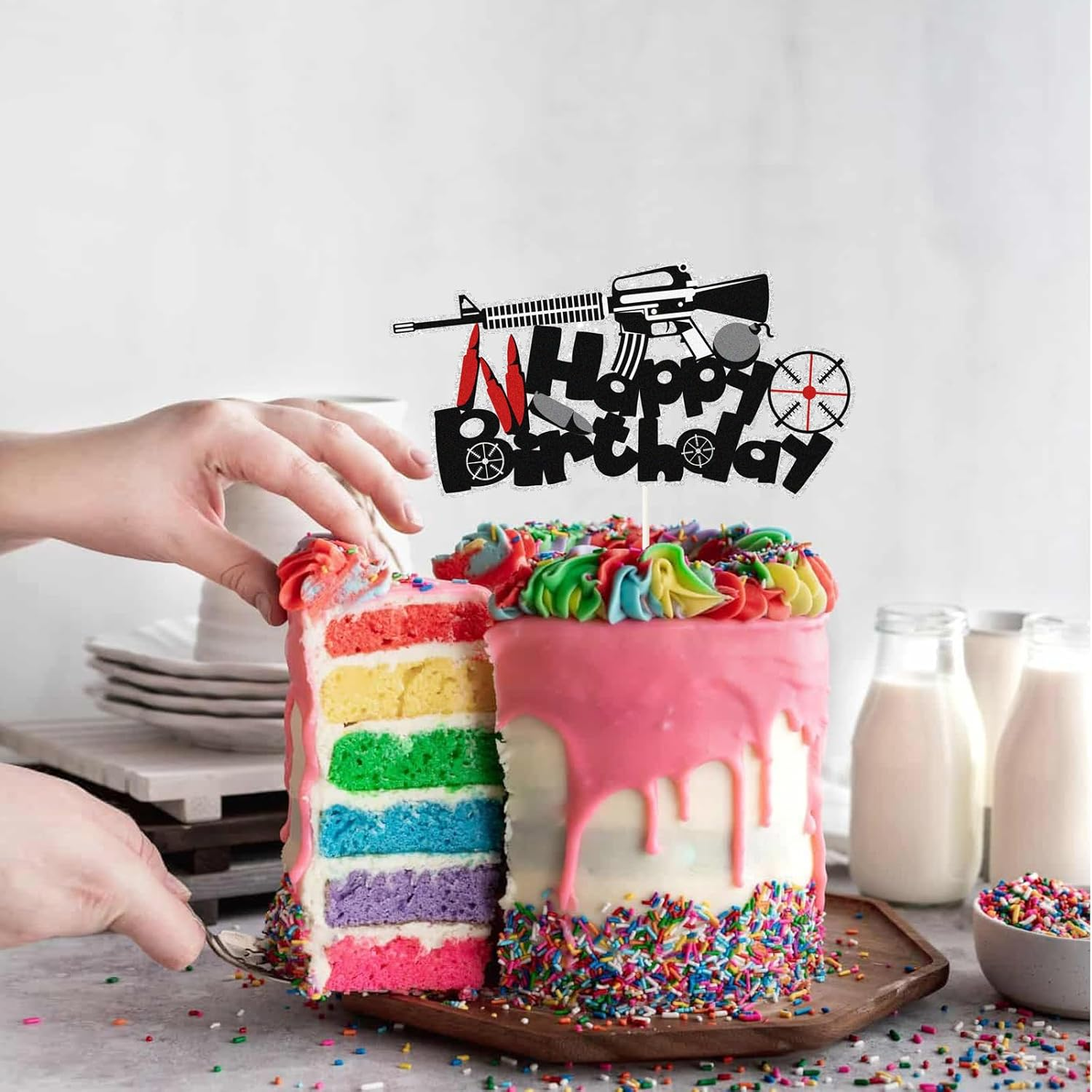 Glitter Gun Happy Birthday Cake Topper,Bullet Target Birthday Cake Decor Target Shooting Enthusiast Party Decoarions image number 1