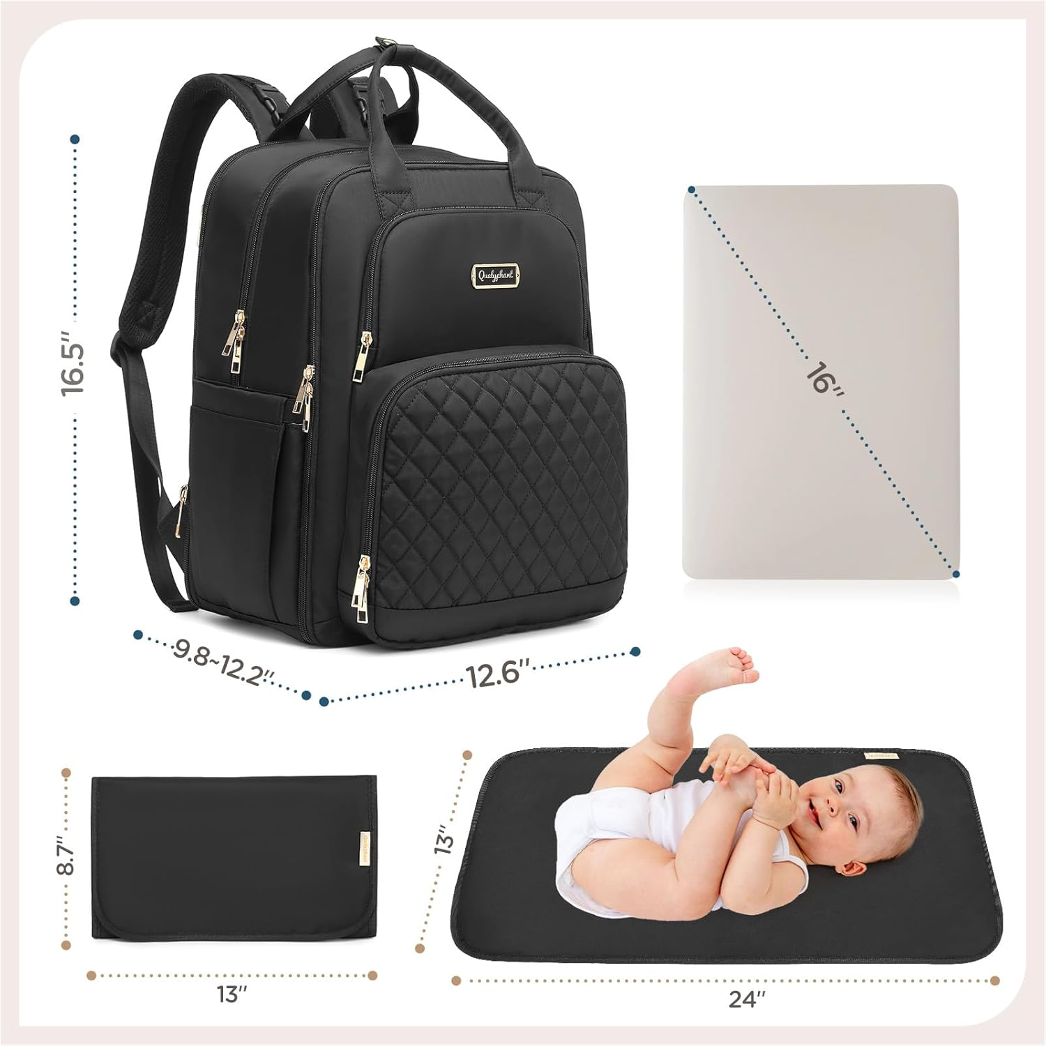 Qualyphant Diaper Bag Backpack - Expandable 35L Extra Large Diapers Bags for 2 Kids Twins, Quilted Baby Changing Backpacks image number 4