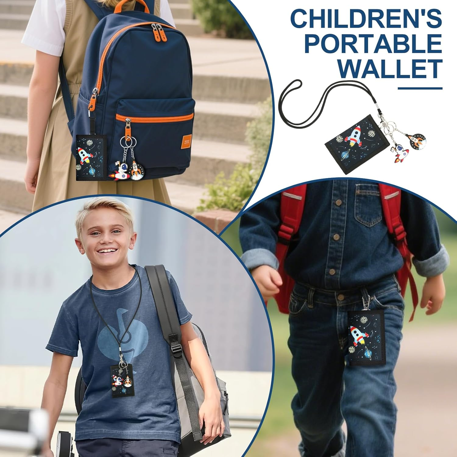 HOCUCHELAND Children'S Neck Pouch, Waterproof Trifold Wallet with 2 Keyrings and 2 Lanyards, Portable Rocket Pattern Neck Pouch Boys for Child, Teenagers, Boys