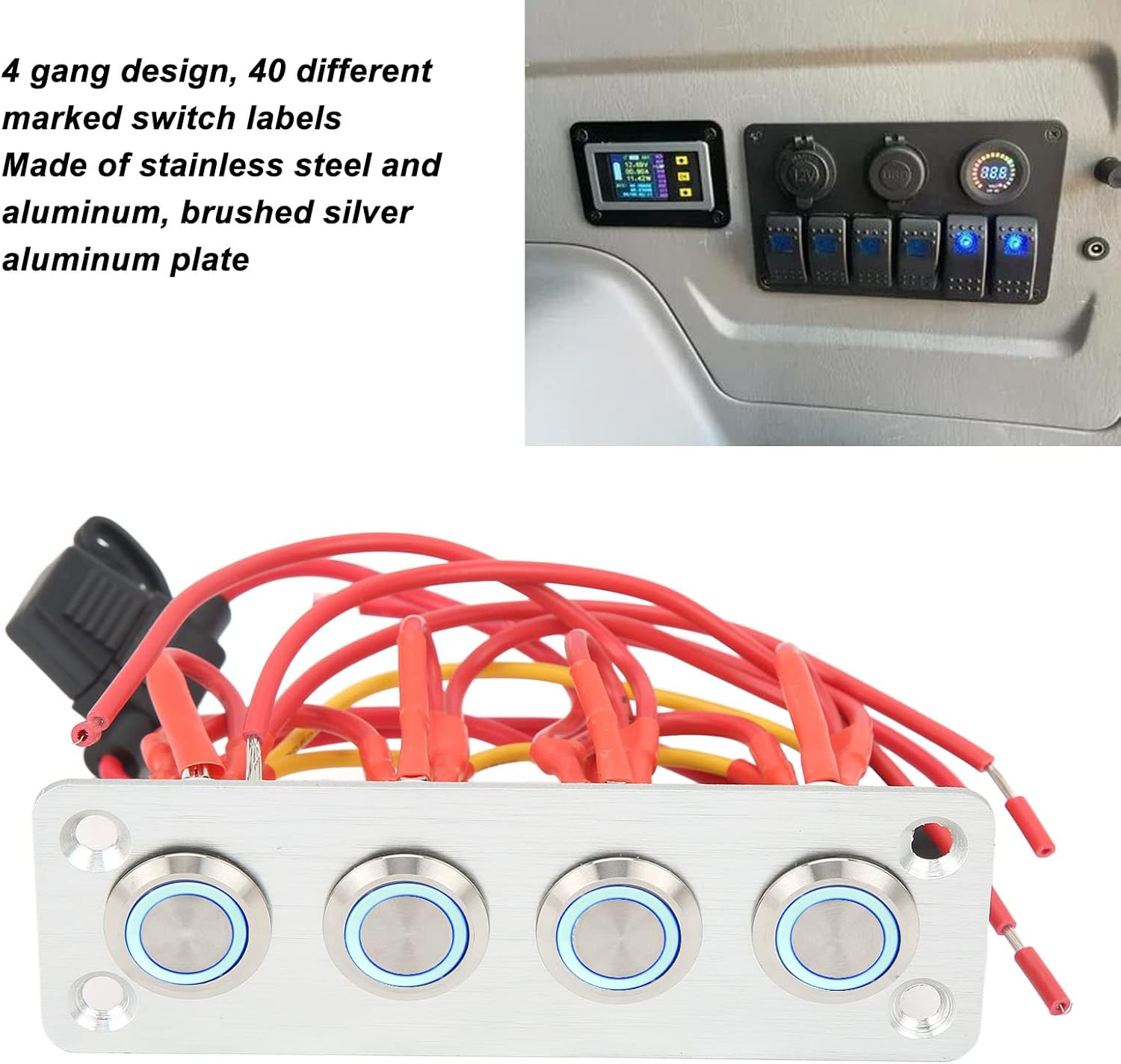 4 Gang Rocker Switch Panel, 12V 16A On/Off Push Button Switch Panel with Blue Backlit LED, Universal Boat Marine Rocker Switch Aluminum Panel for Car, RV, Truck, Automotive