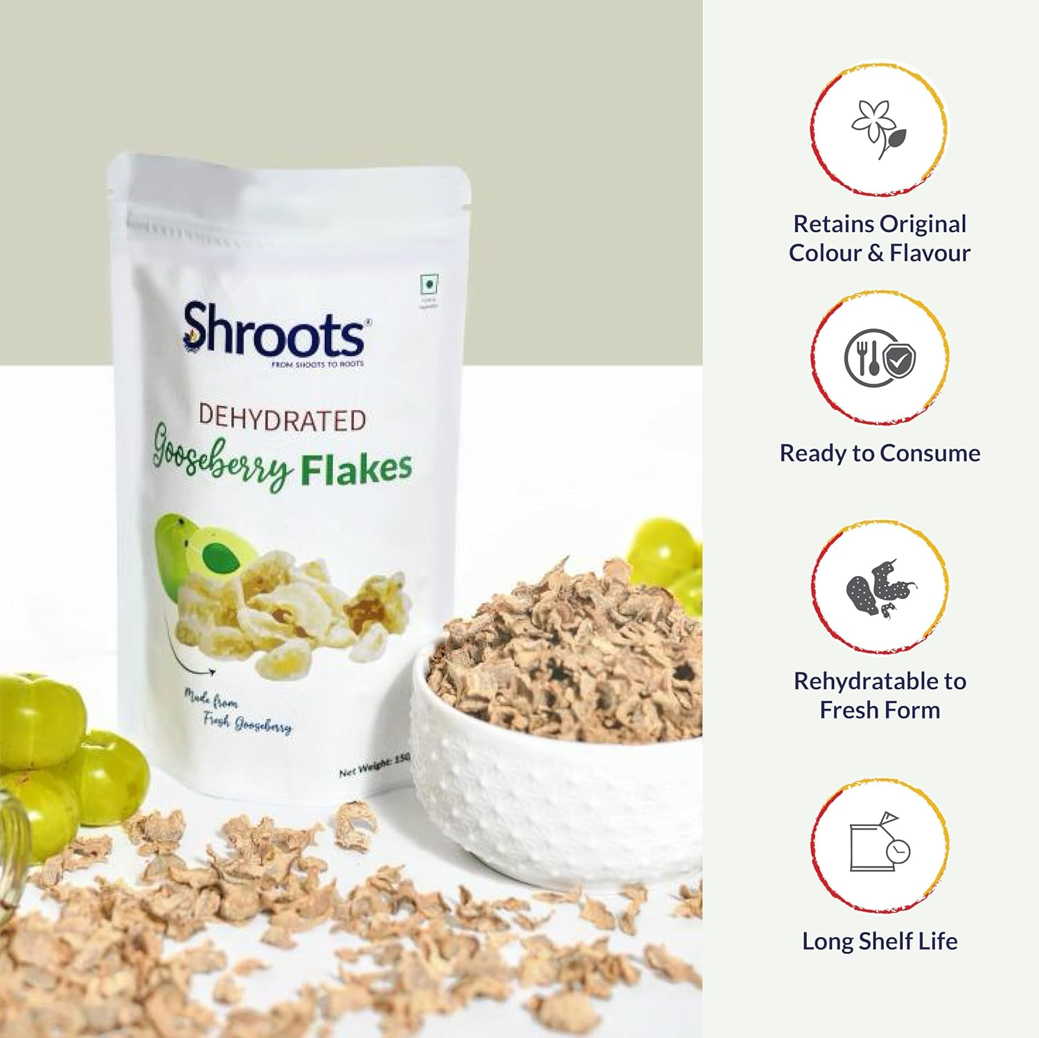 SHROOTS Dehydrated Gooseberry (Amla) Flakes Pure Vegetarian Gluten-Free No Added Sugar Easy Cooking Essential Machine Dried Vegetables with Natural Aroma Ideal for Everyday Meals 5.29 Oz, Pack of 1 image number 1