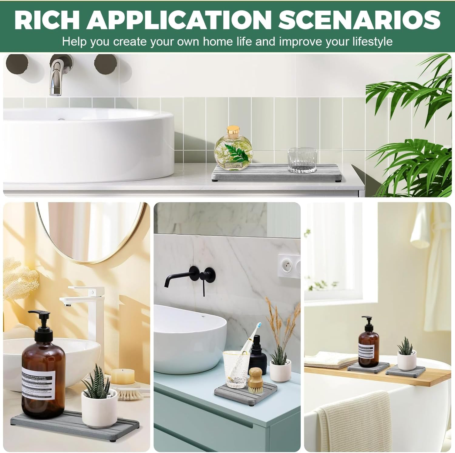 3PCS Water Absorbing Stone Tray, Dryingneat Diatomite Stone Sink Tray, Water Absorbent Diatomite Coasters, Kitchen Sponge Hand Soap Holder, Fast Drying Counter Holders, 21 * 10 * 1Cm image number 1