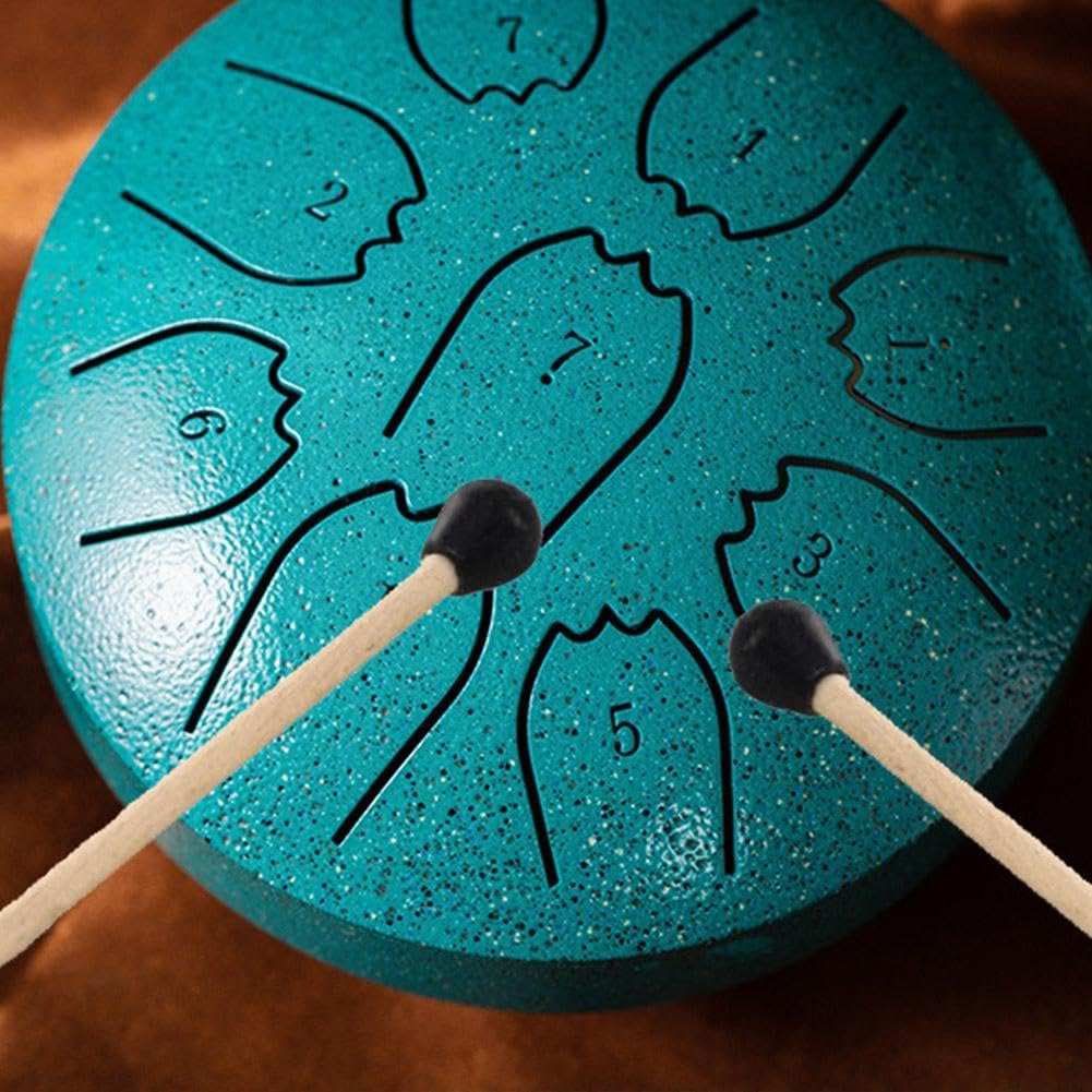 Rain Drum for outside Garden, 4 Inches 9 Notes Steel Tongue Chakra Drum Rain Chime Waterproof Musical Instrument for Garden, Mini Handpan Chakra Drum for Meditation, Yoga, Outdoor Relaxation (Blue) - Black image number 4