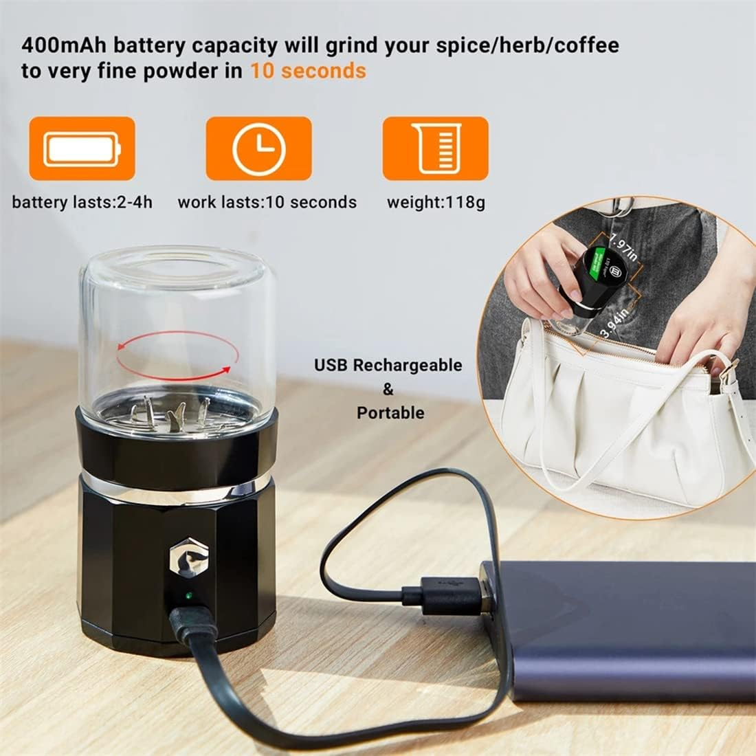 MOUNAY Mini Electric Grinder Portable Vanilla Grinder USB Rechargeable with a Cleaning Brush for Herb Tea Rosemary image number 1