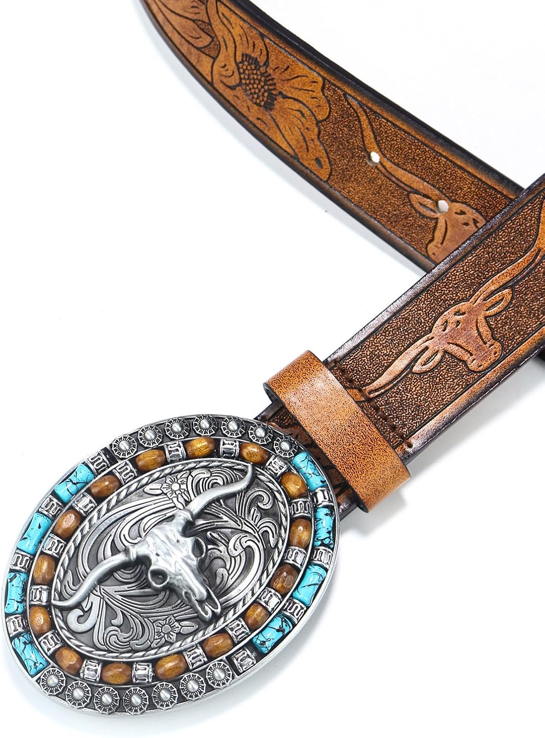 Utaly Western Cowboy Cowgirl Leather Belts - Women Men Turquoise Embossed Waist Belts with Longhorn Bull Buckles image number 5