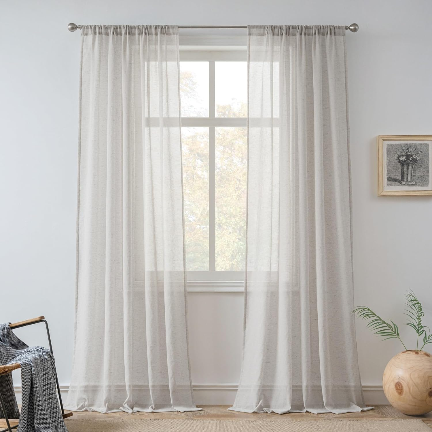 Linen Sheer Curtains 2 Panels, Fabric Polyester Linen Blend, Natural, 84" L | Window Curtains