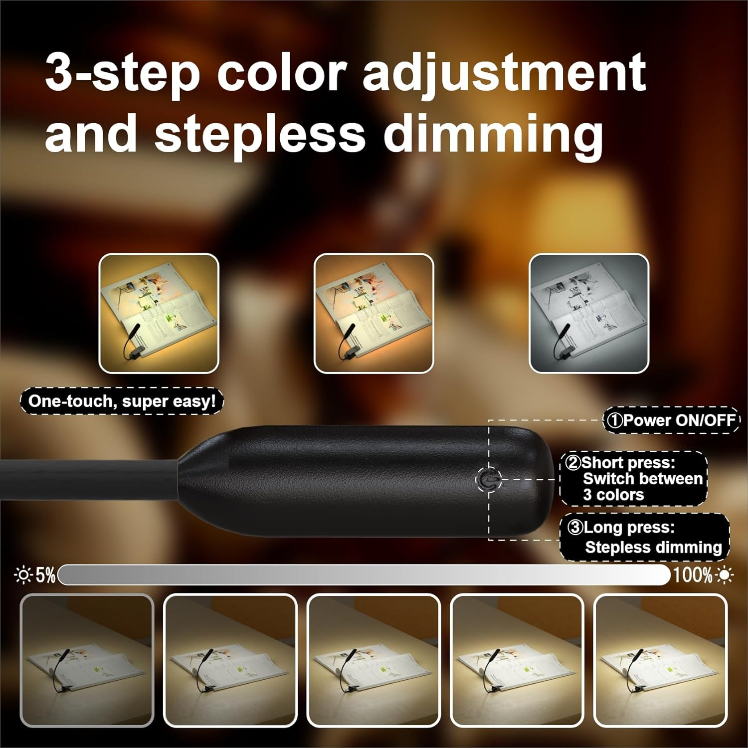 LUTW LED Book Light, 3 Eye-Friendly Colours and Stepless Dimming Reading Light, USB Rechargeable Clip on Light, Long Battery Life, Flexible Arm, Lightweight, for Bedside, Desk & Study, Black image number 1