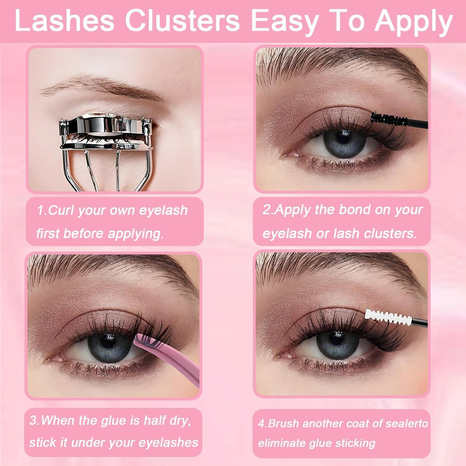 Lash Clusters Kit, 640 Pcs Eyelashes Clusters Extensions Kit 9-16Mm Individual Lashes D Curl Flufffy Wispy False Eyelashes Thin Band, with Bond Seal Tweezers Brush DIY (30D+40D+50D+60D Set 9-16Mm) image number 6