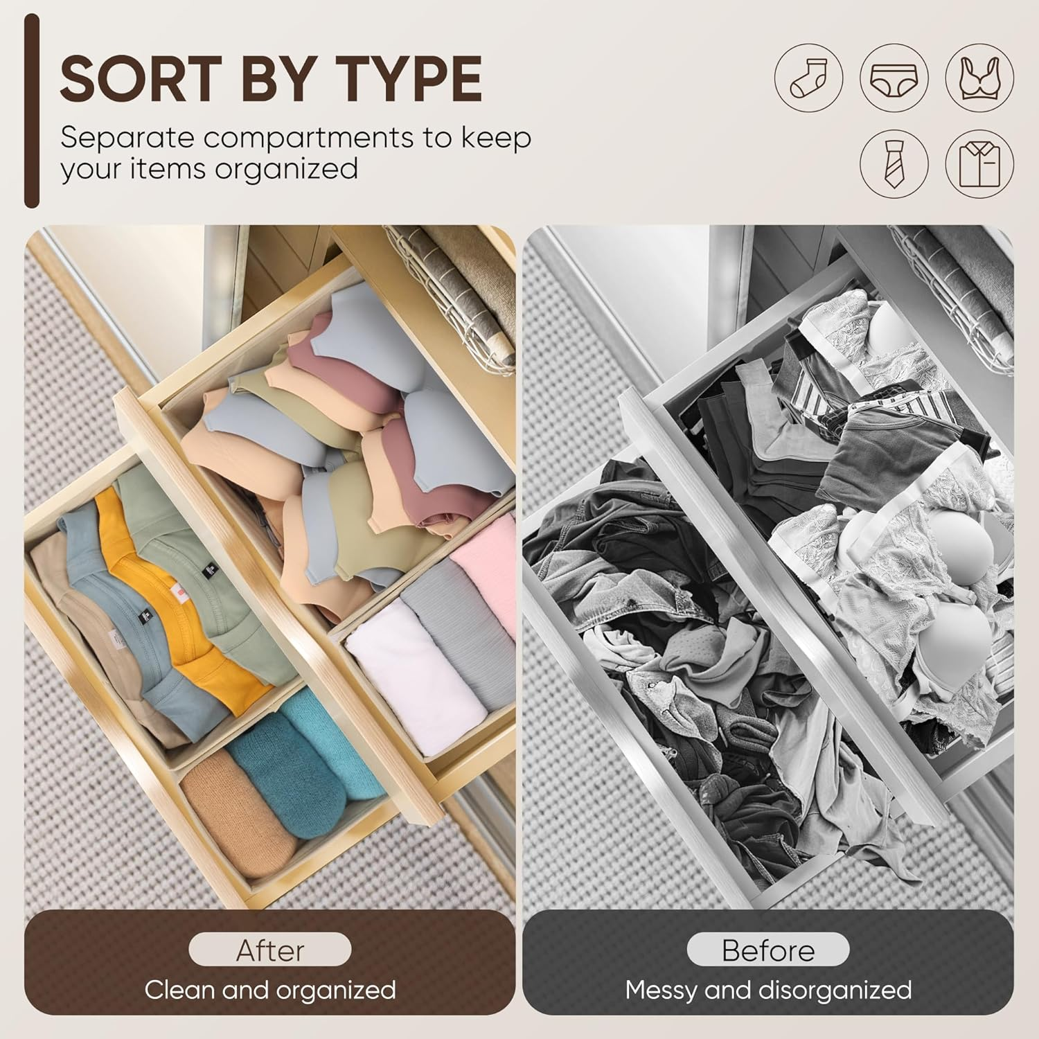 12 Pack Beige Drawer Organiser for Clothes - Drawer Dividers- Wardrobe Organiser for Clothes Storage - Baby Clothes - Closet Dresser Organizer - Bra, Underwear, Socks Organiser image number 4