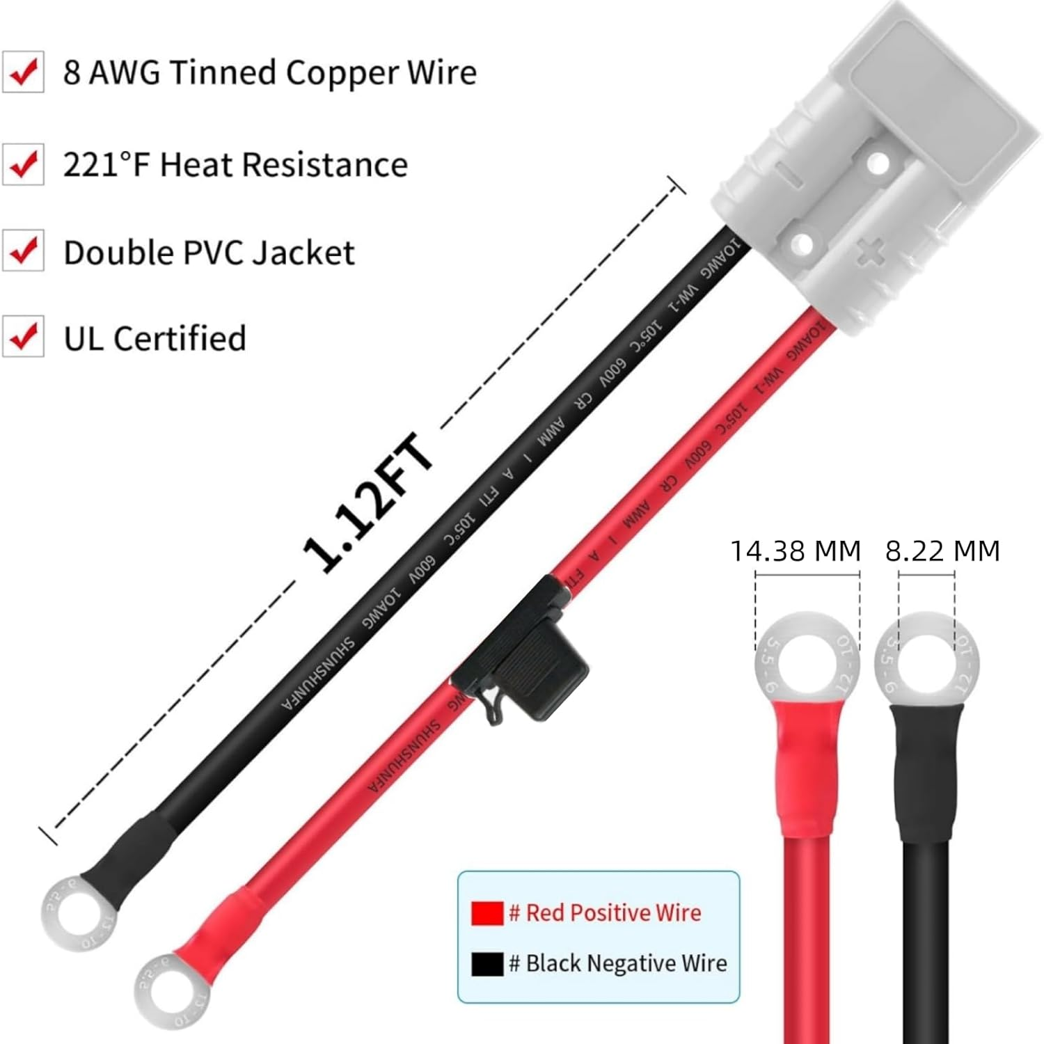 Suytvenxau Fused Anderson Plug Connector Lead, 2 Pcs Anderson Plug Extension Cable, Kit with 50Amp Adapter to 6Mm Lugs, 30CM Waterproof Quick Connect Battery Cables for Power Transfer image number 5