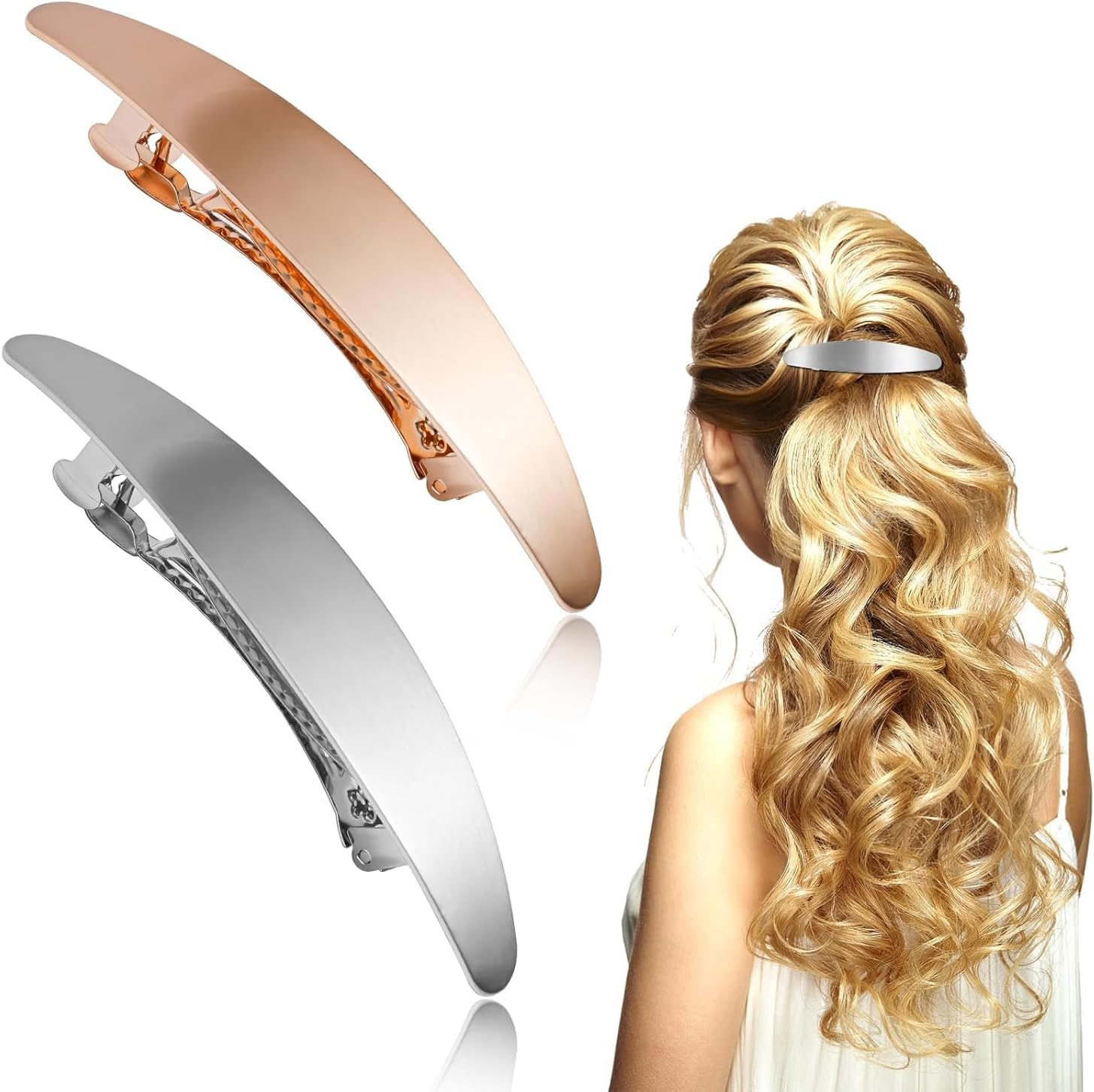Glossy Long Oval Barrettes, 2Pcs Glossy Long Oval Barrettes Simple Hair Clips,Glossy Long Oval Barrette Hair Clip,Glossy Long Oval Hair Barrettes Metal Hair Clip,Metal Glossy Long Oval Hair Barrettes image number 2
