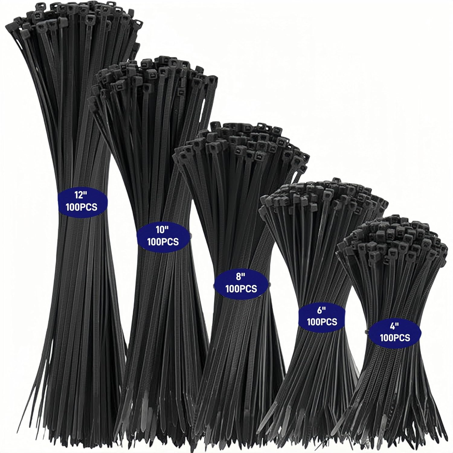 Self-Locking Nylon Cable Ties, 500 Pieces Cable Zippers, Multi-Size Zipper Ties (4"+6"+8"+10"+12"), Multi-Purpose Cable Ties, Black Wire Ties, Cable Cable Management, Indoor and Outdoor Applicable image number 4