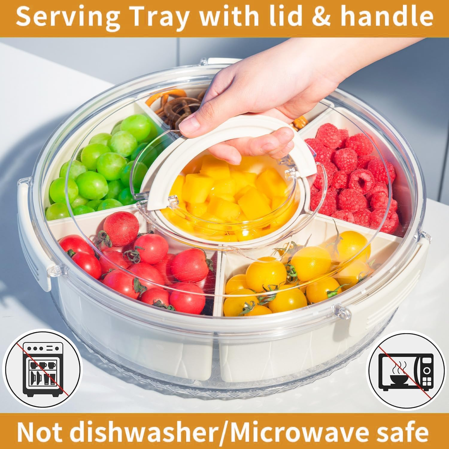 Large Divided Rotating Serving Tray with Lid & Handle, Portable Snackle Box for Fruits Snacks Veggie Charcuterie, Clear Snack Spinner Organizer & Fridge Storage Container for Picnic Travel Beach Party image number 1