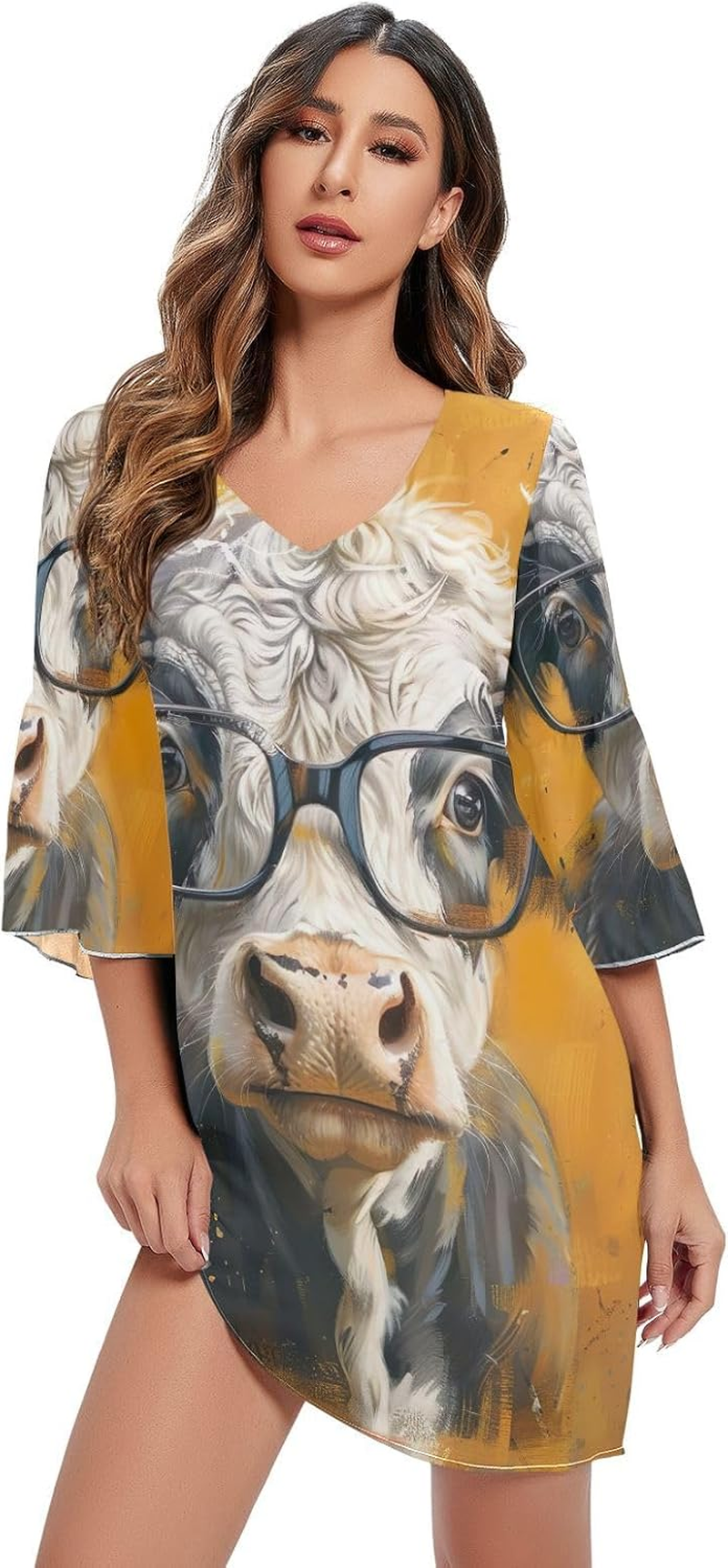 Highland Cow Yellow Chiffon V Neck Dress Printed Line Maternity Dress S-XXL image number 3