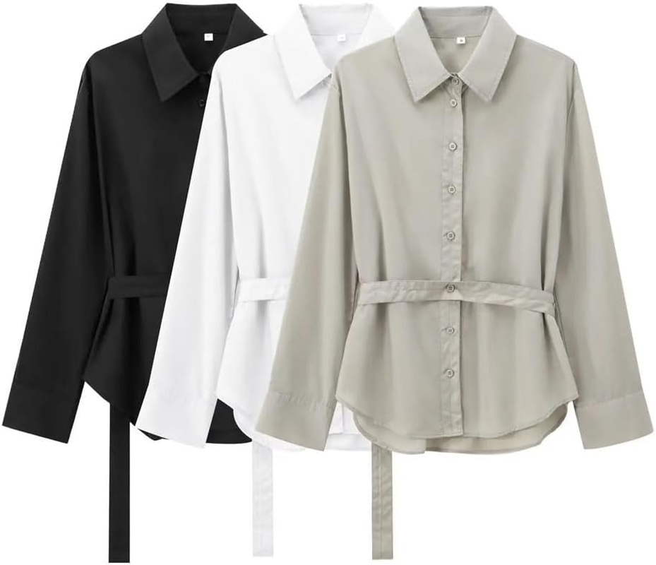 Womens Solid Color Fitted Belt Shirt Loose Casual Long Sleeve Top Button down Office Work Blouse image number 6