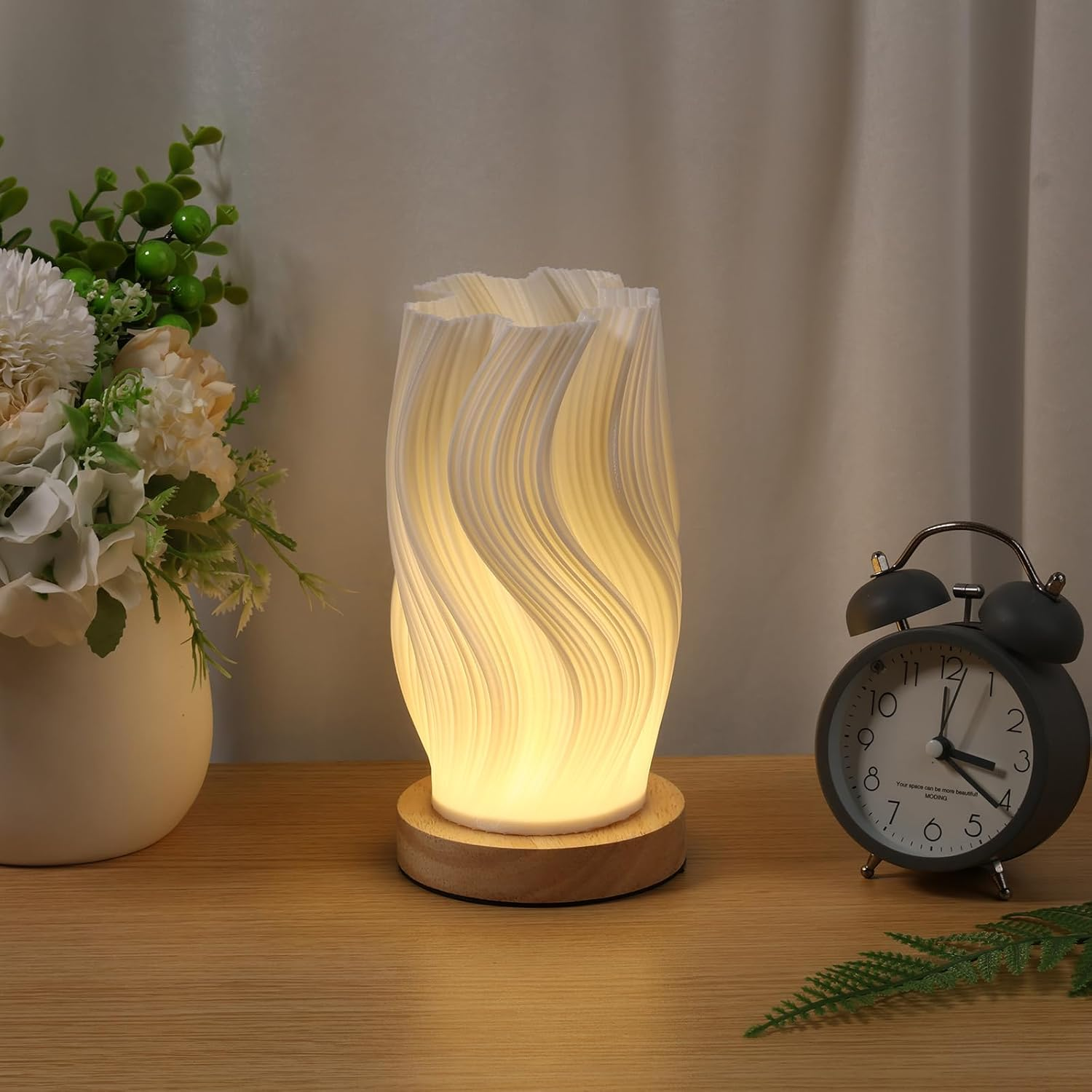 Table Bedside Lamp with Woodbase, Versatile Touch Control Table Lamp for College Dorm, Nightstand PLA Lampshade Living Room Bedroom (Black)